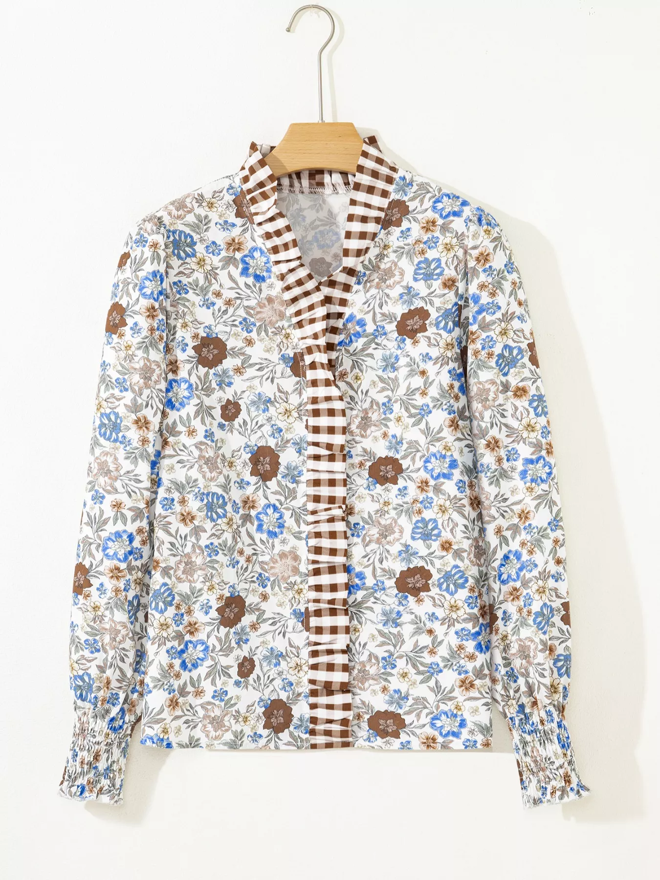 Plaid Frilled Trim V Neck Floral Long Sleeve Blouse - Image 2