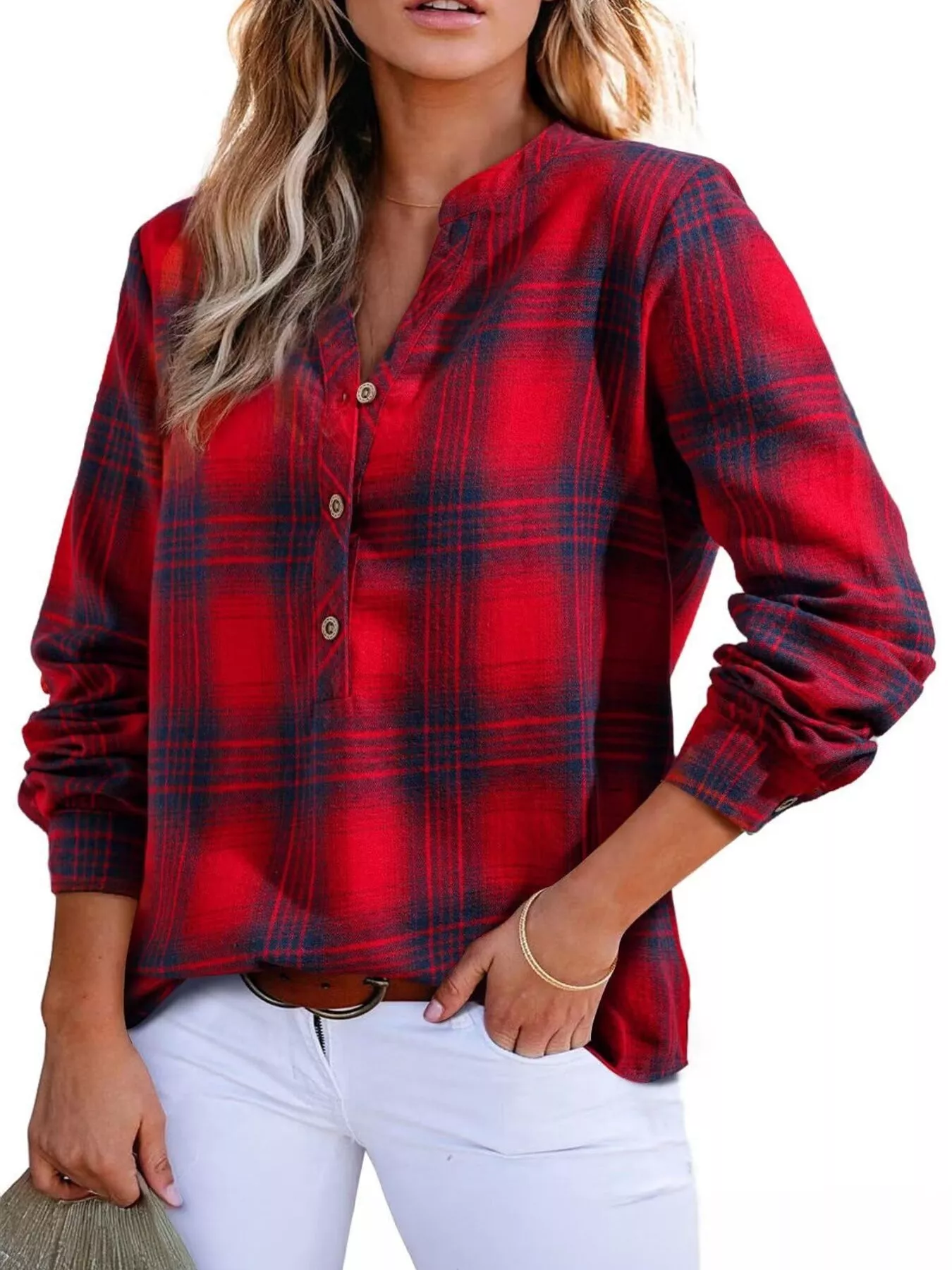 Plaid Half Button Long Sleeve Blouse - Image 11