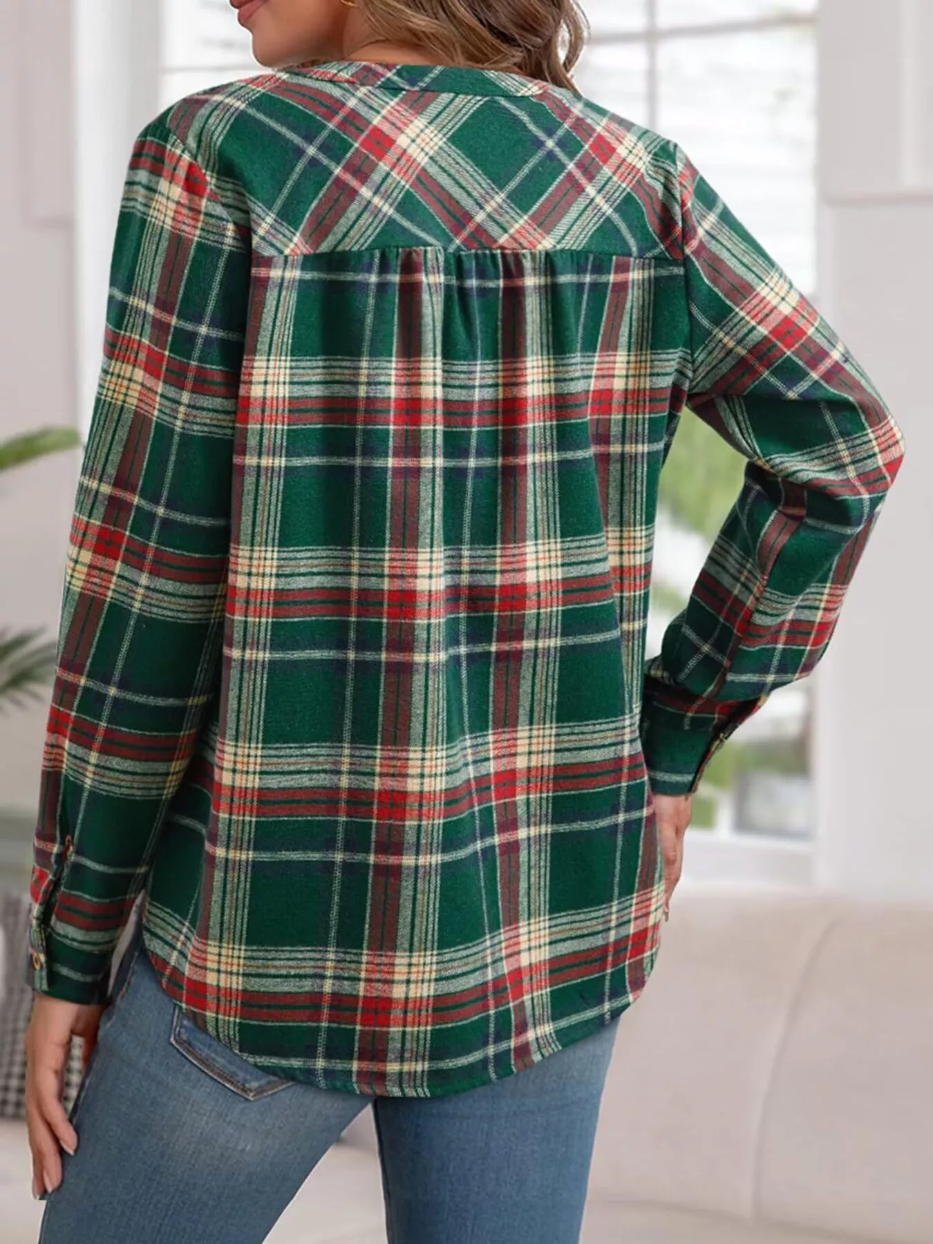 Plaid Half Button Long Sleeve Blouse - Image 13