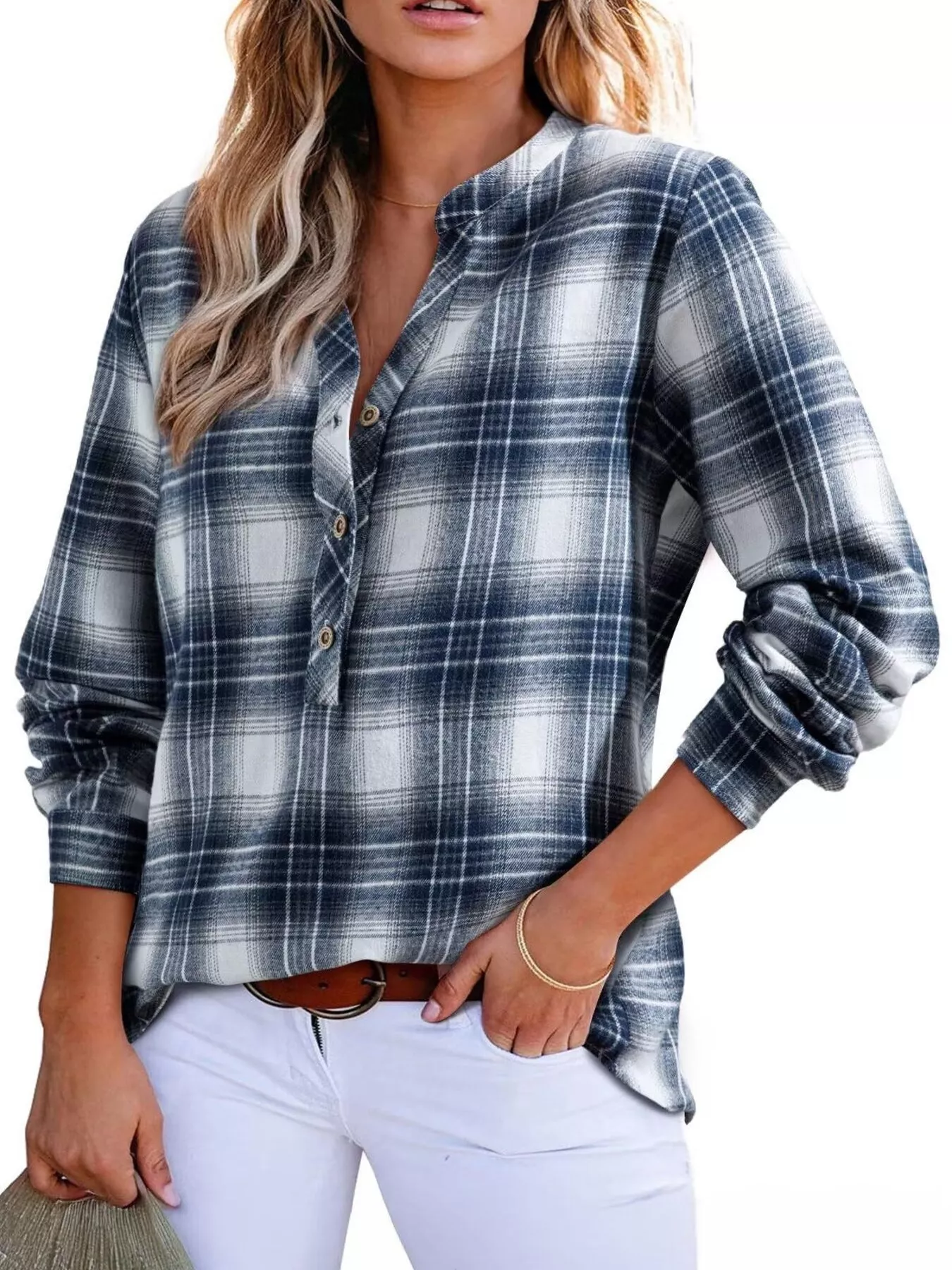 Plaid Half Button Long Sleeve Blouse - Image 21
