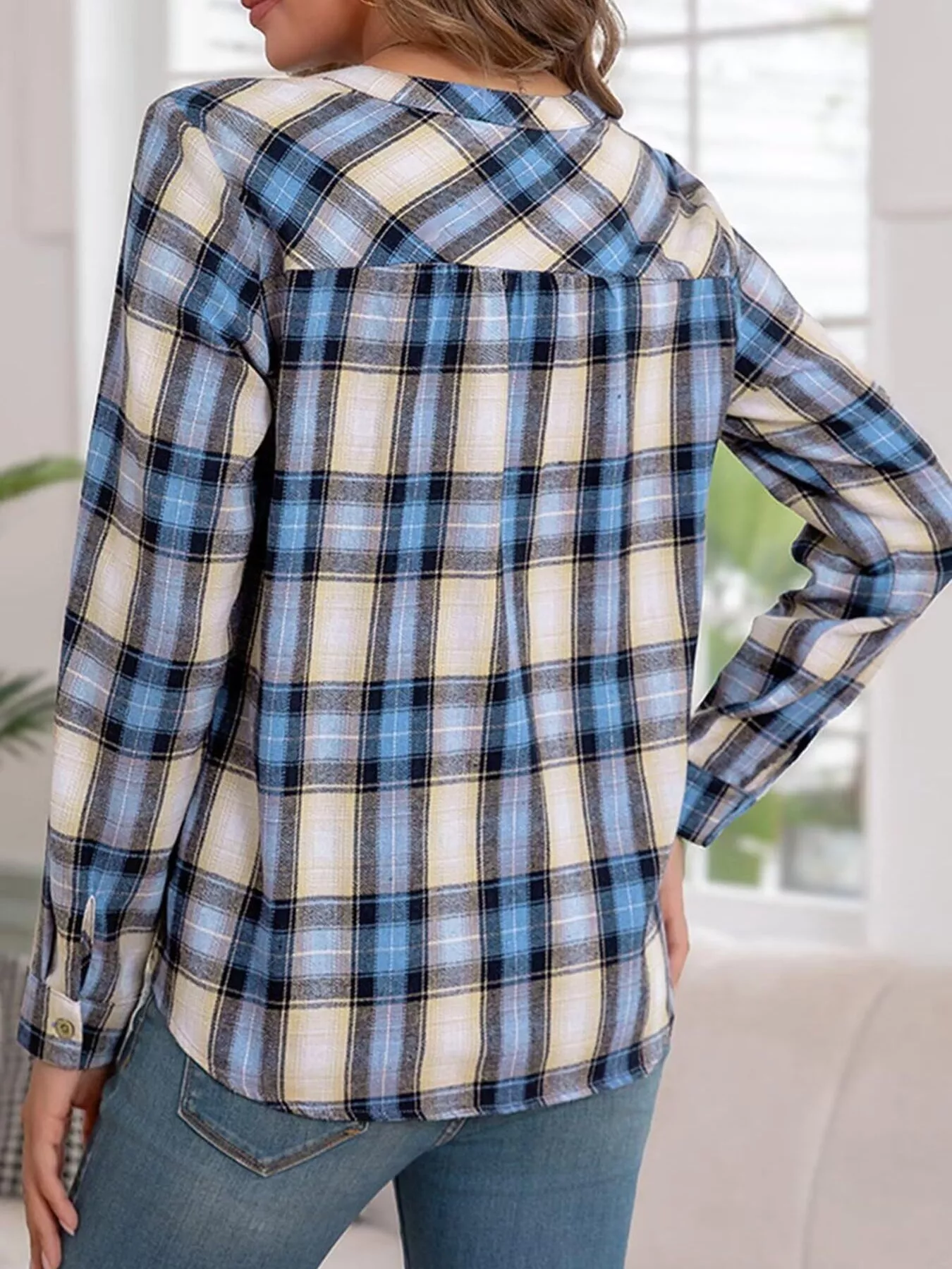 Plaid Half Button Long Sleeve Blouse - Image 29