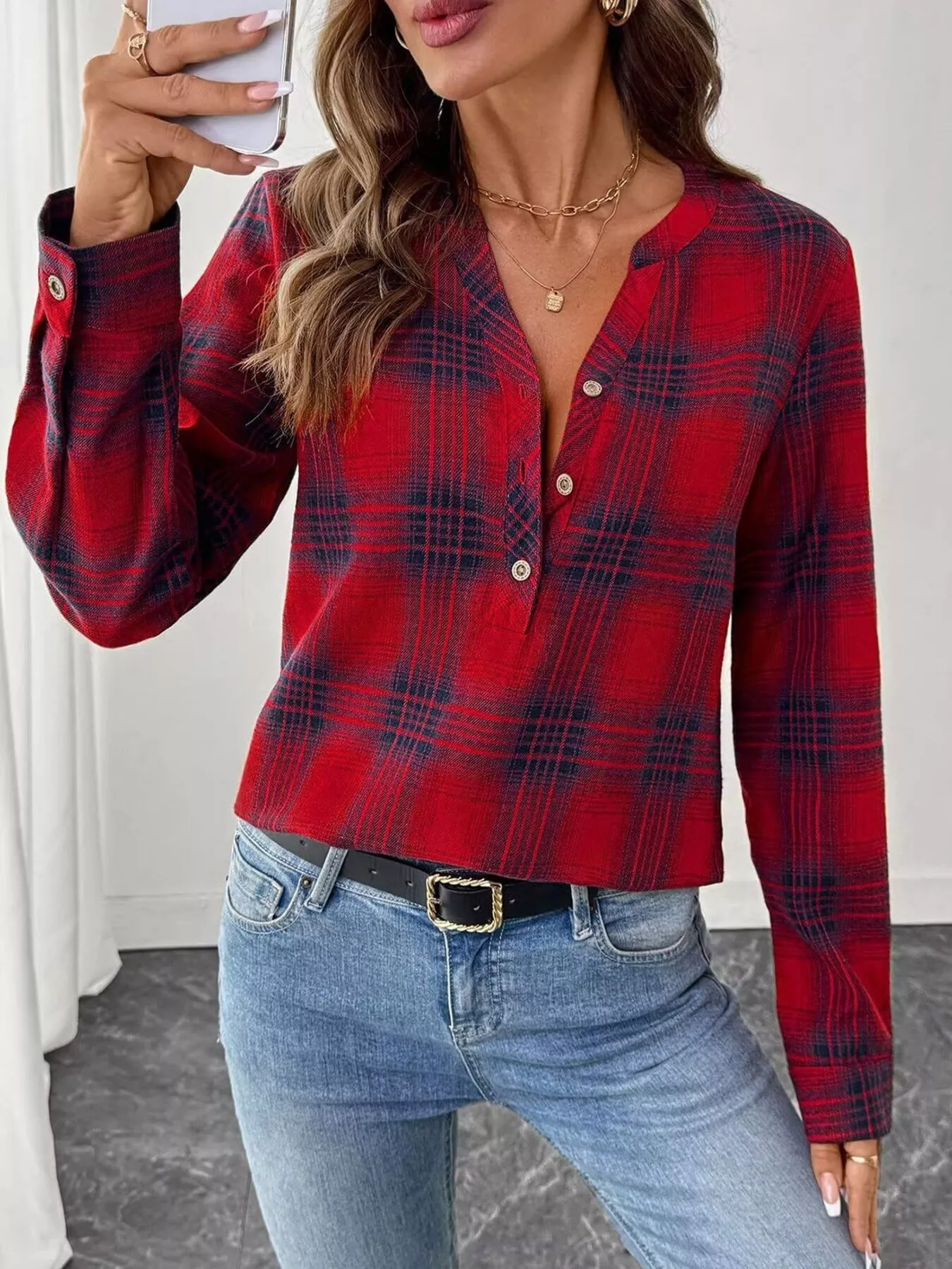 Plaid Half Button Long Sleeve Blouse - Image 6