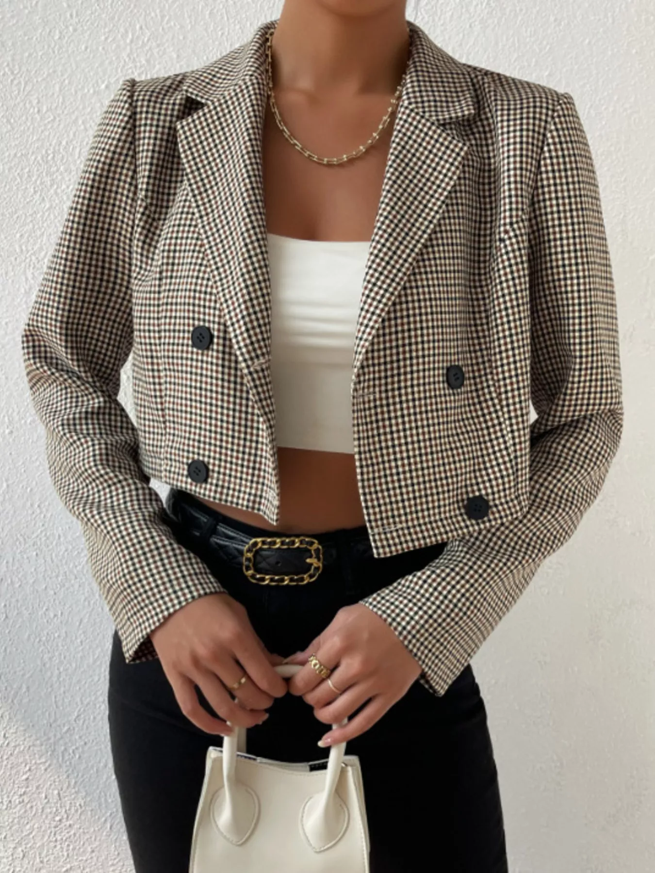 Plaid Lapel Collar Cropped Blazer - Image 4