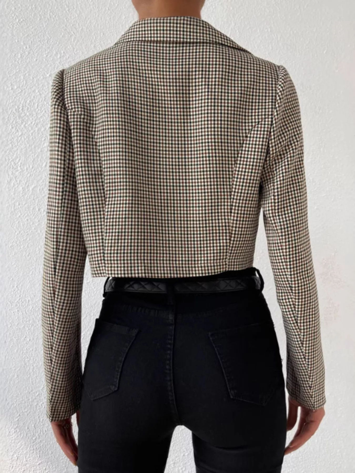 Plaid Lapel Collar Cropped Blazer - Image 5