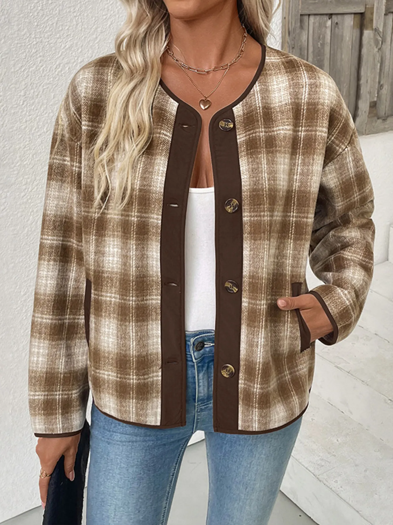 Plaid Long Sleeve Button-Up Jacket - Image 2