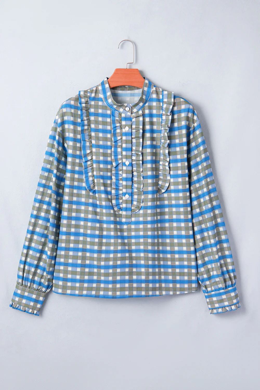 Plaid Long Sleeve Frilled Detail Half Button Blouse - Image 3