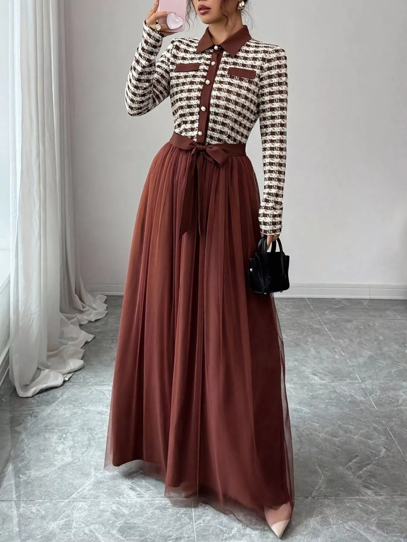 Plaid Long Sleeve Tulle Maxi Dress