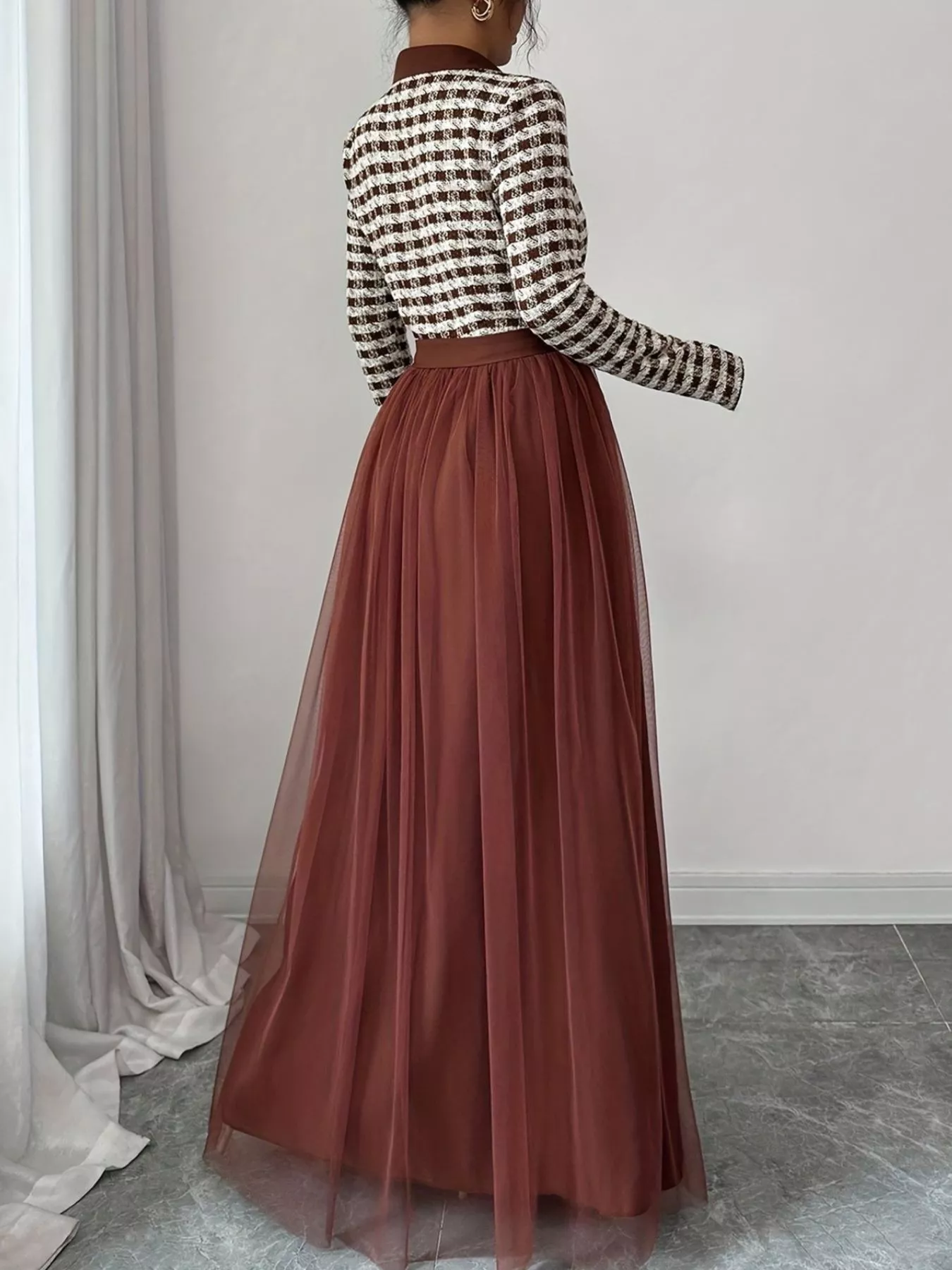 Plaid Long Sleeve Tulle Maxi Dress - Image 5