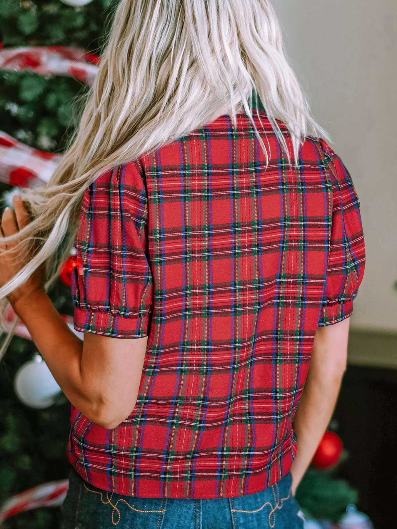 Plaid Notched Short Sleeve Blouse - Image 2