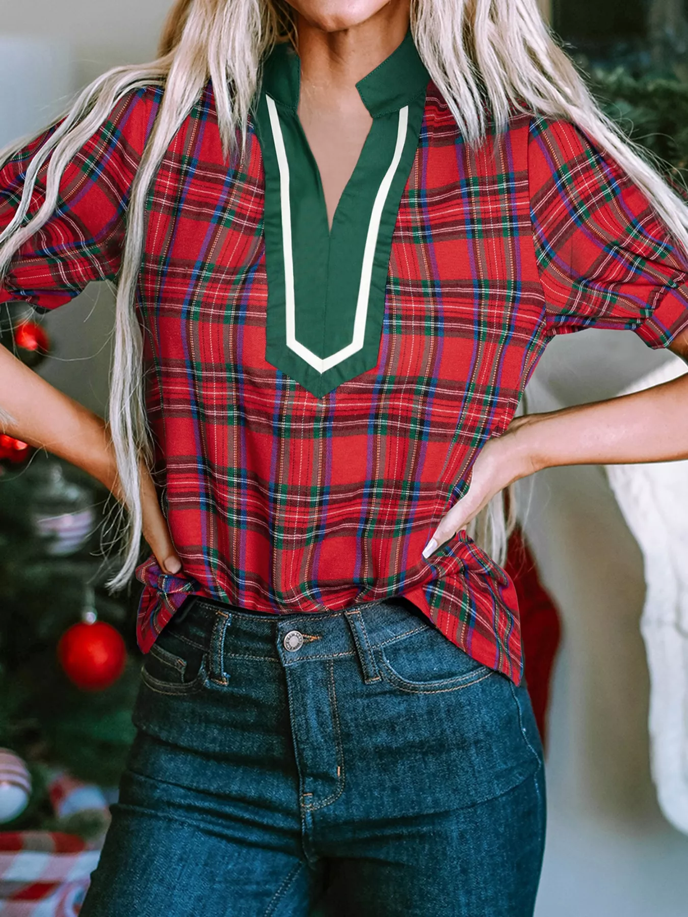 Plaid Notched Short Sleeve Blouse - Image 3
