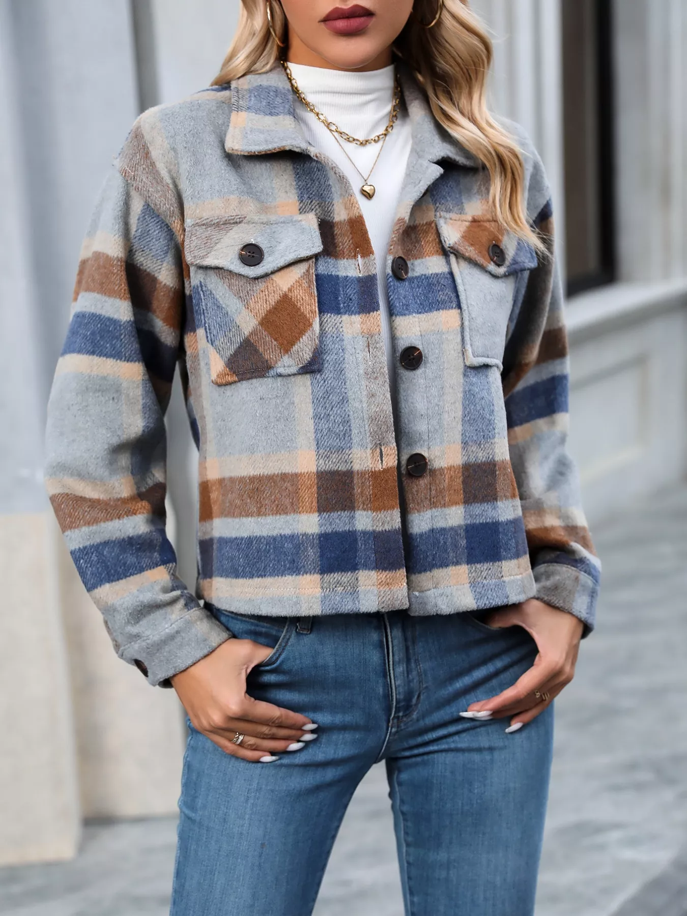 Plaid Oversized Button-Up Cropped Jacket - Image 3
