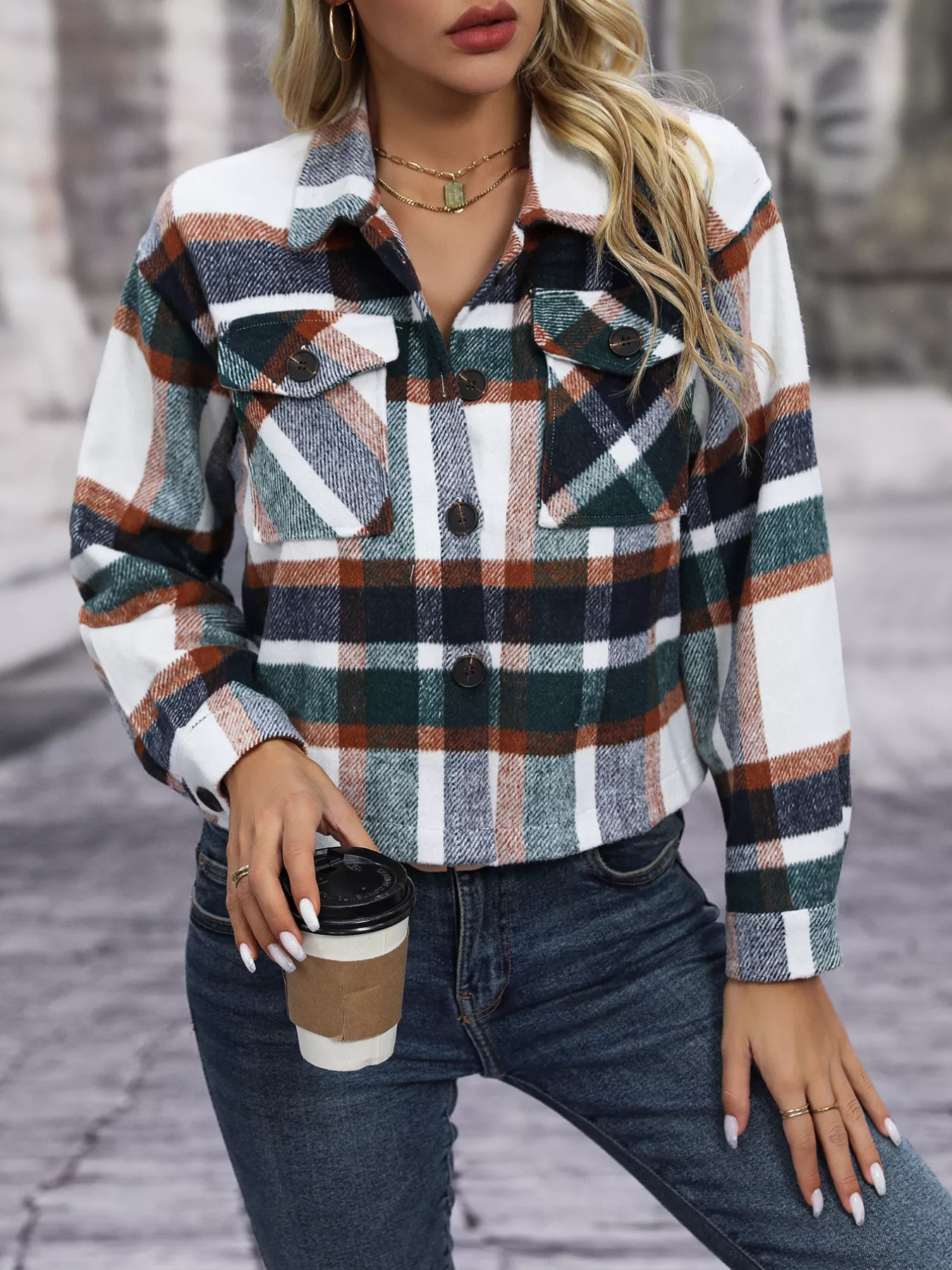 Plaid Oversized Button-Up Cropped Jacket - Image 9