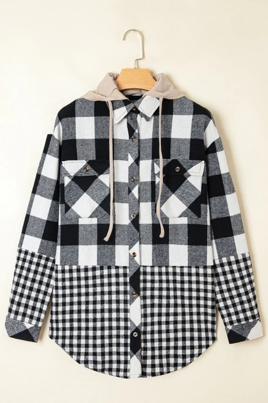 Plaid Patchwork Drawstring Hooded Shacket - Image 6