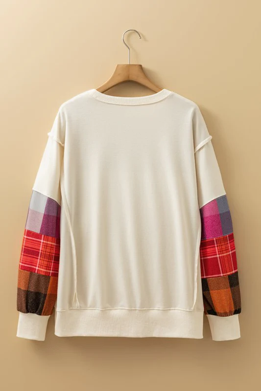Plaid Patchwork Long Sleeve Exposed Seam Top - Image 6