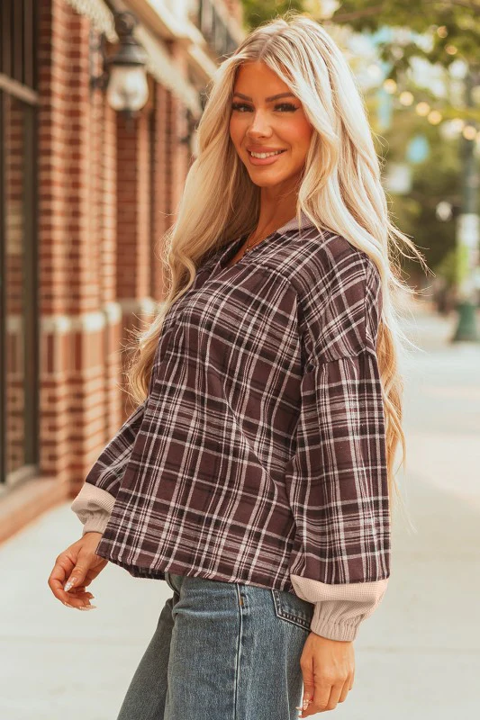Plaid Quarter-Button Patchwork Long Sleeve Hooded - Image 3