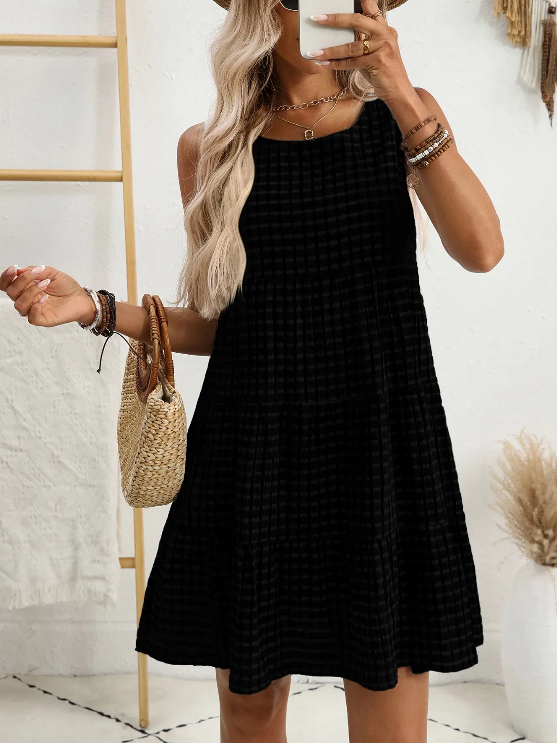 Plaid Round Neck Sleeveless Mini Dress - Image 20