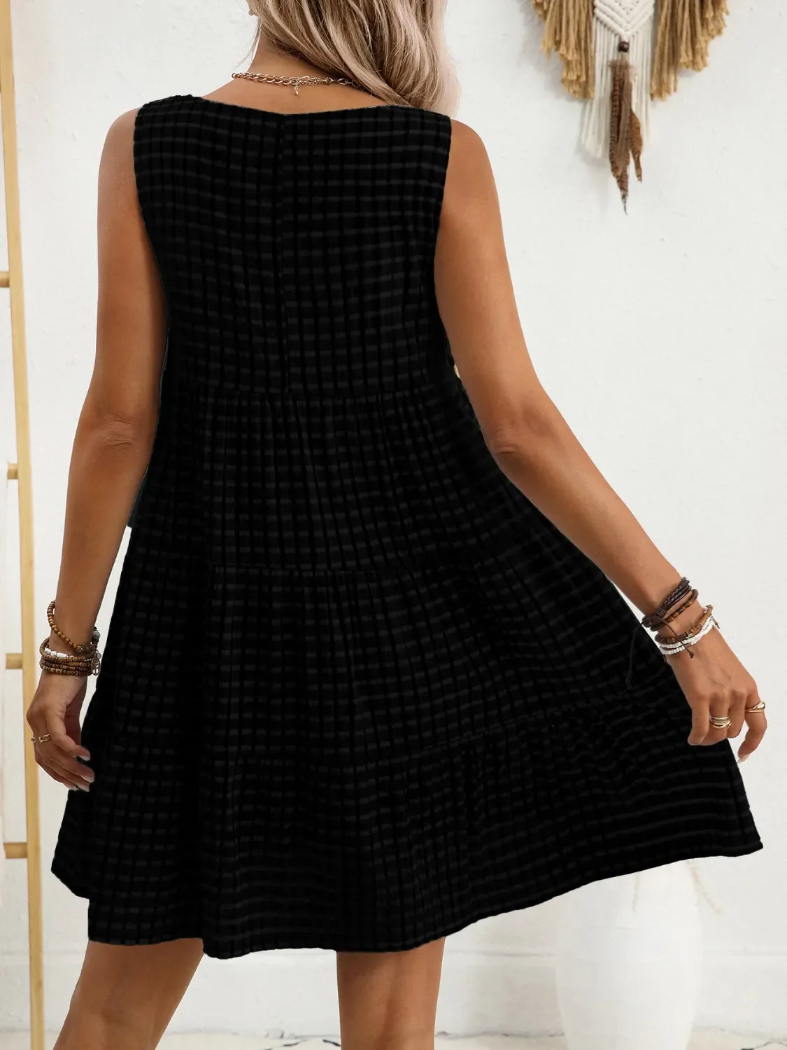 Plaid Round Neck Sleeveless Mini Dress - Image 22