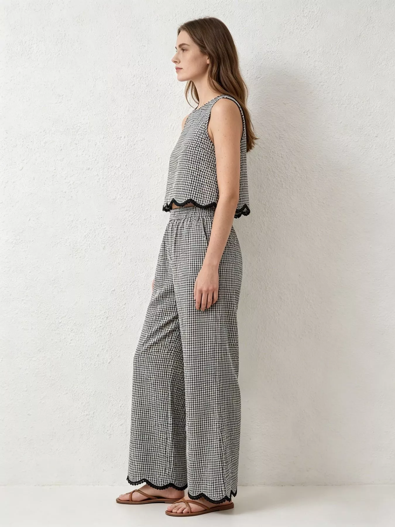 Plaid Scalloped Trim Tank and Pants Set - Image 2