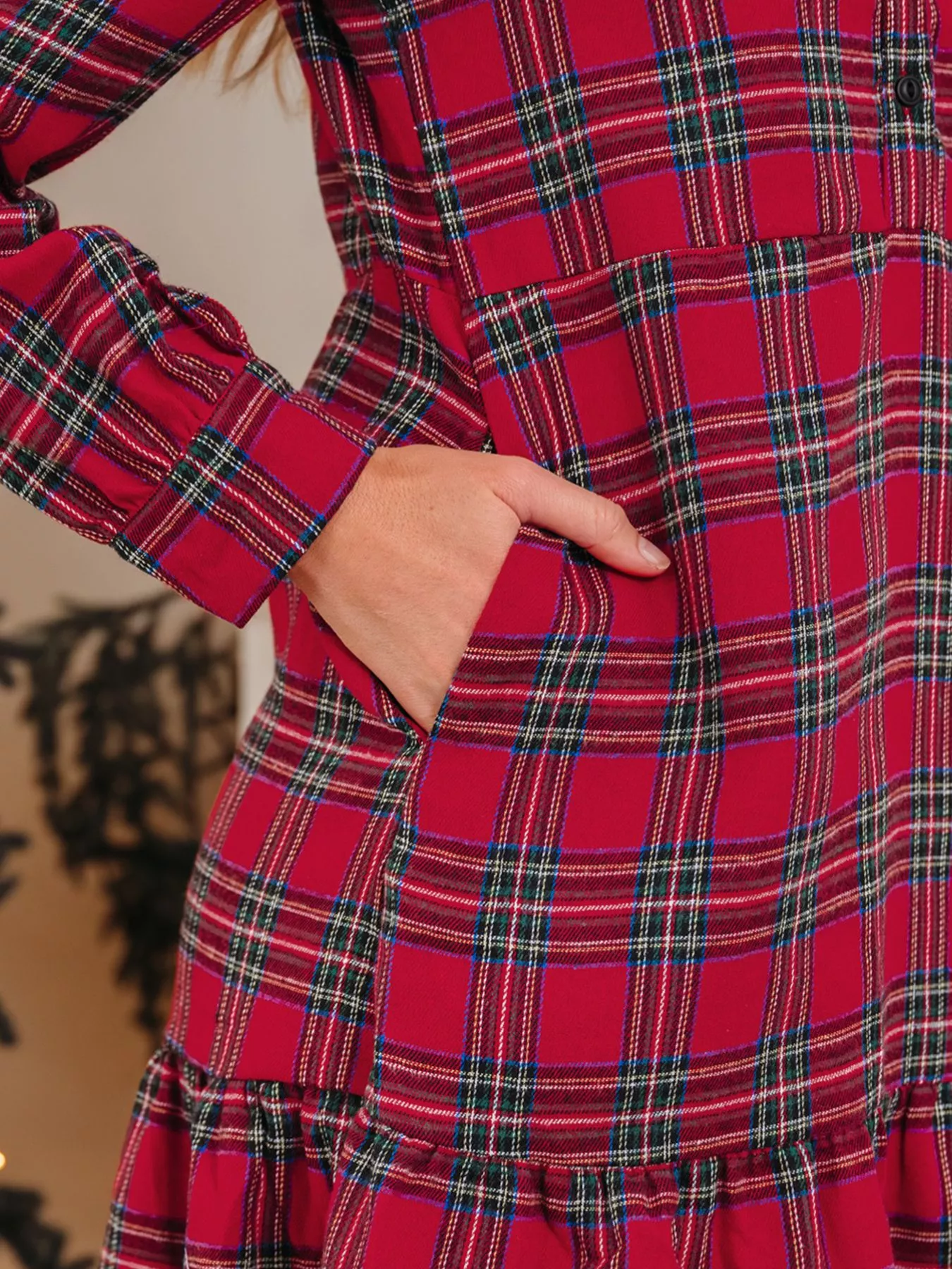 Plaid Shirt Collar Half Button Ruffle Hem Long Sleeve Mini Dress - Image 8