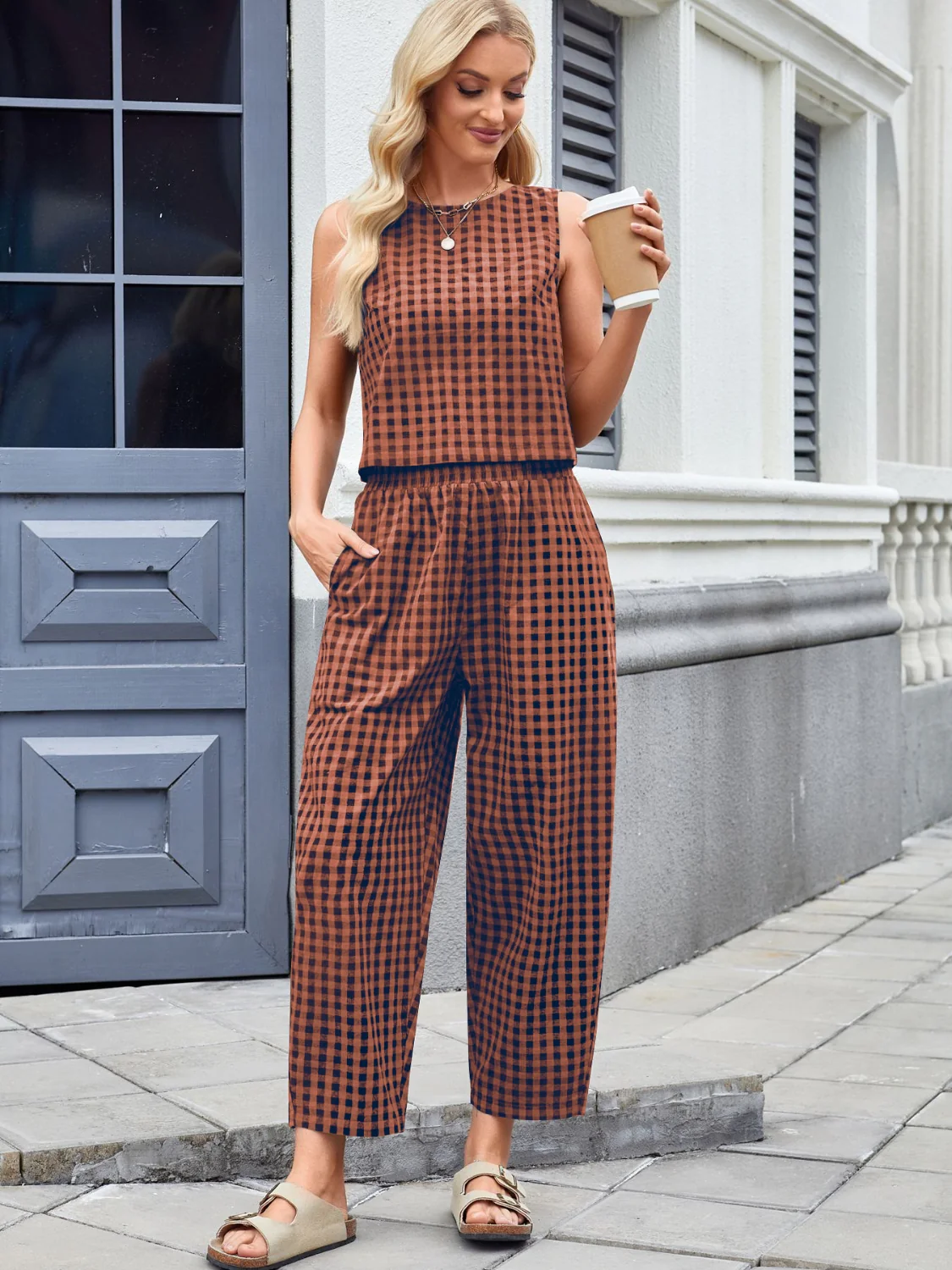 Plaid Sleeveless Top and Pants Set - Image 6