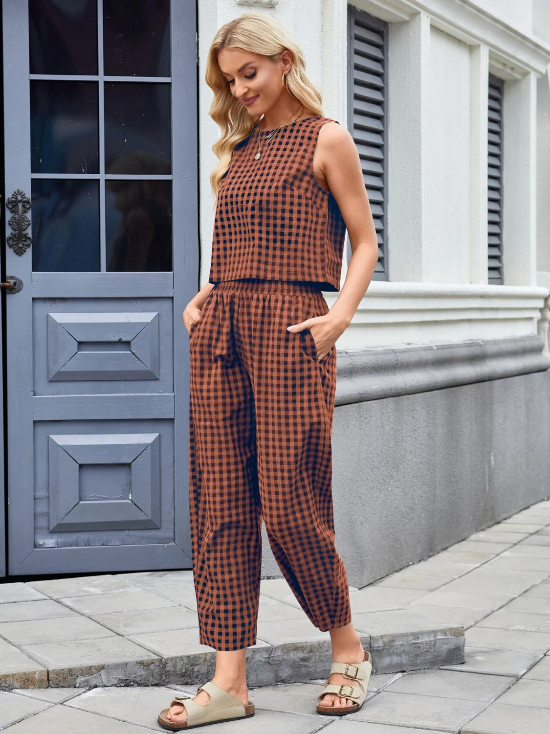 Plaid Sleeveless Top and Pants Set - Image 8