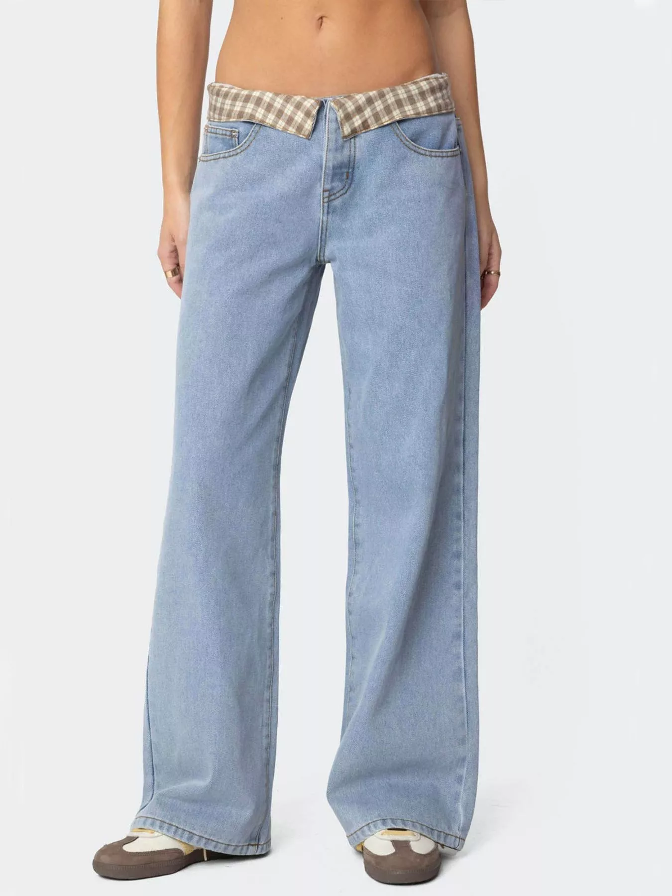 Plaid Trim Wide Leg Jeans - Image 2