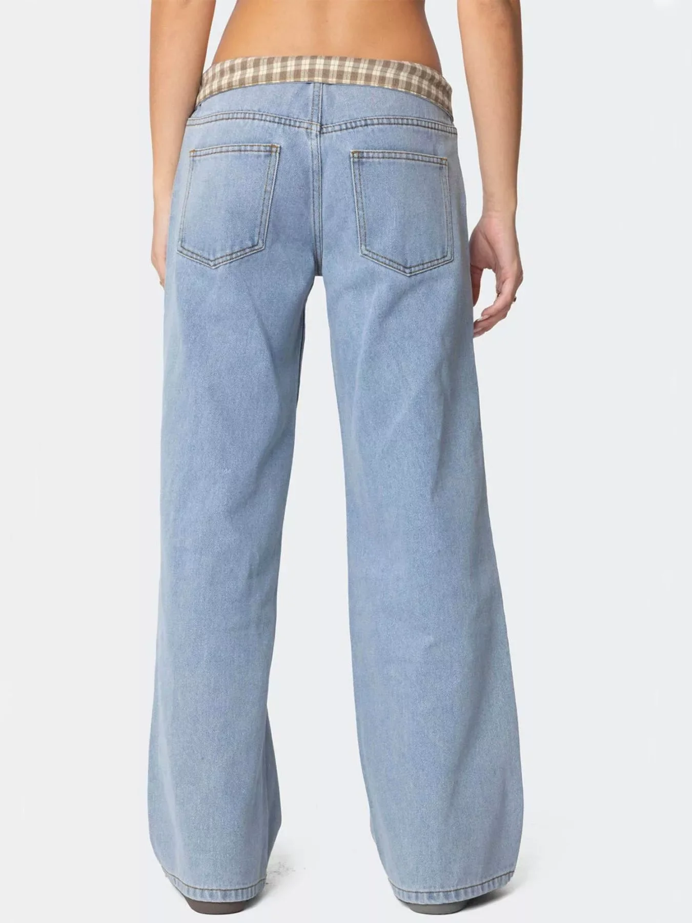 Plaid Trim Wide Leg Jeans - Image 4