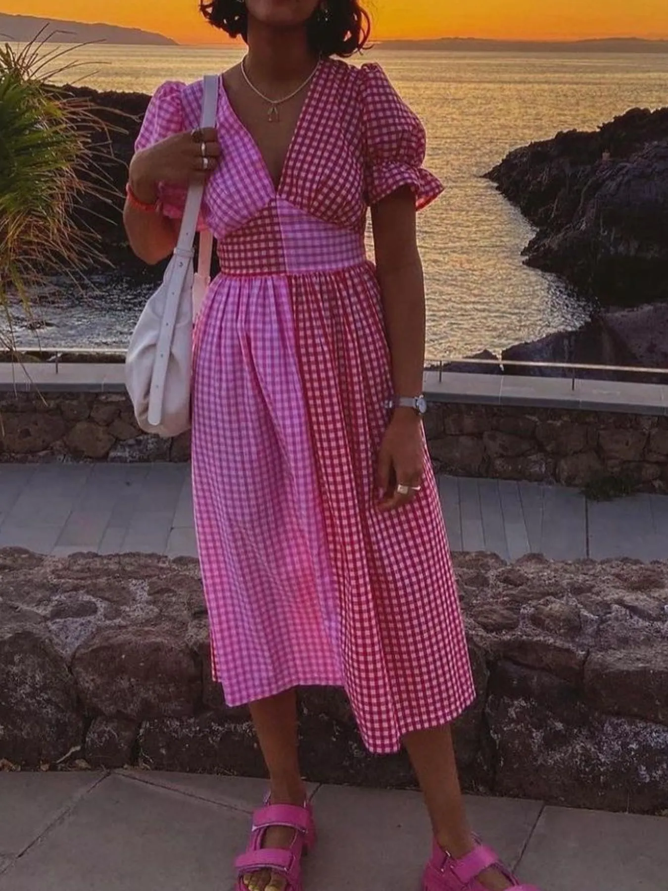 Plaid V-Neck Puff Sleeve Dress - Image 7