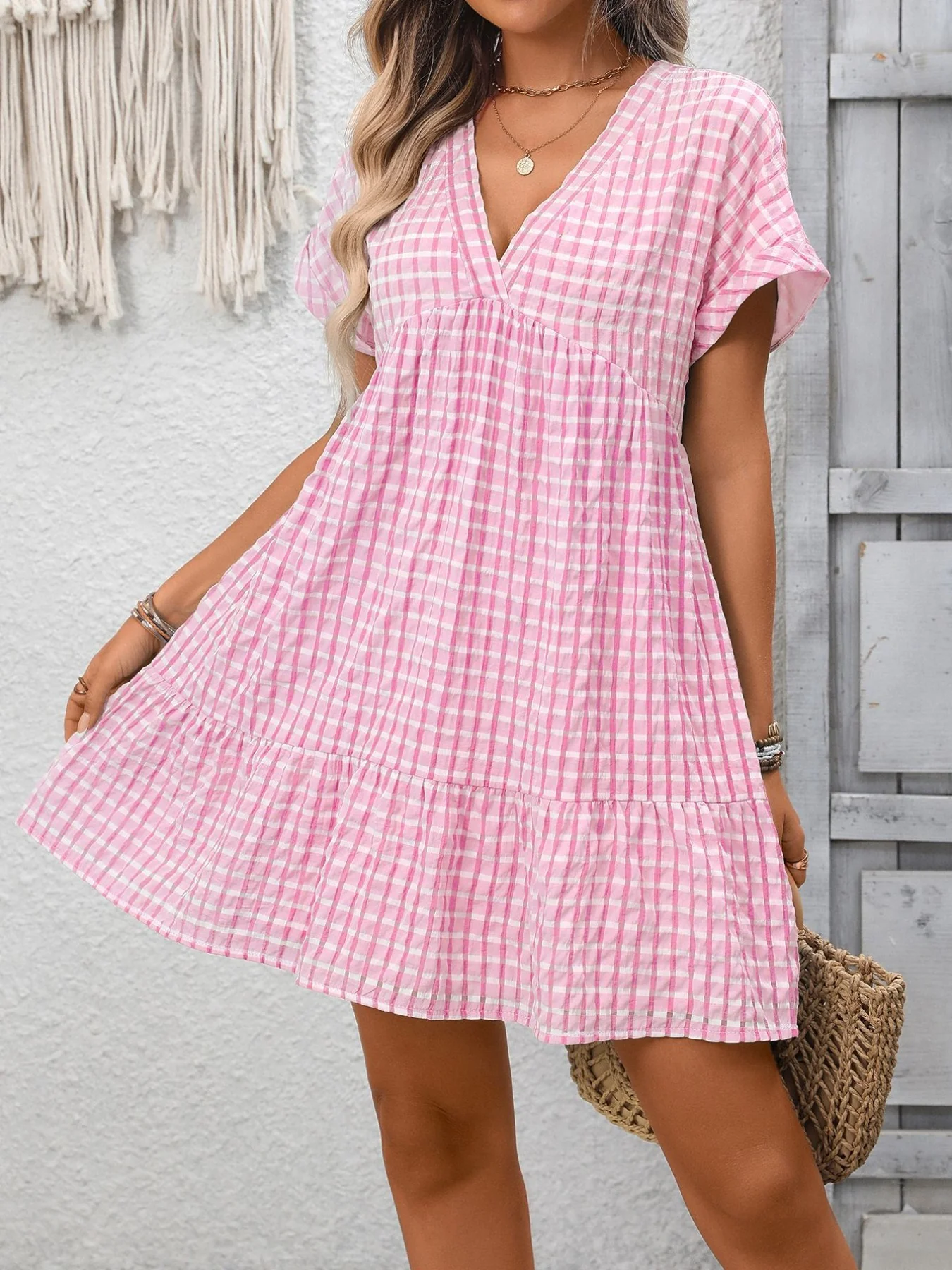Plaid V-Neck Ruffle Hem Mini Dress - Image 11