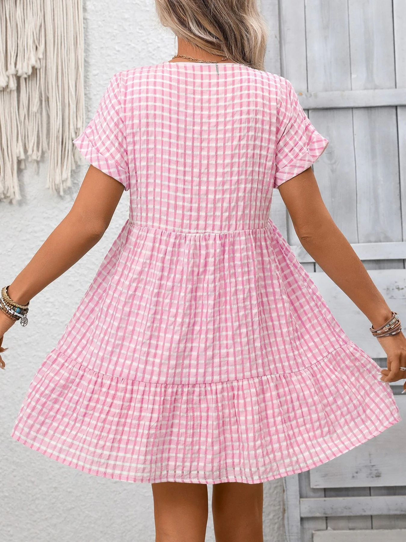 Plaid V-Neck Ruffle Hem Mini Dress - Image 12
