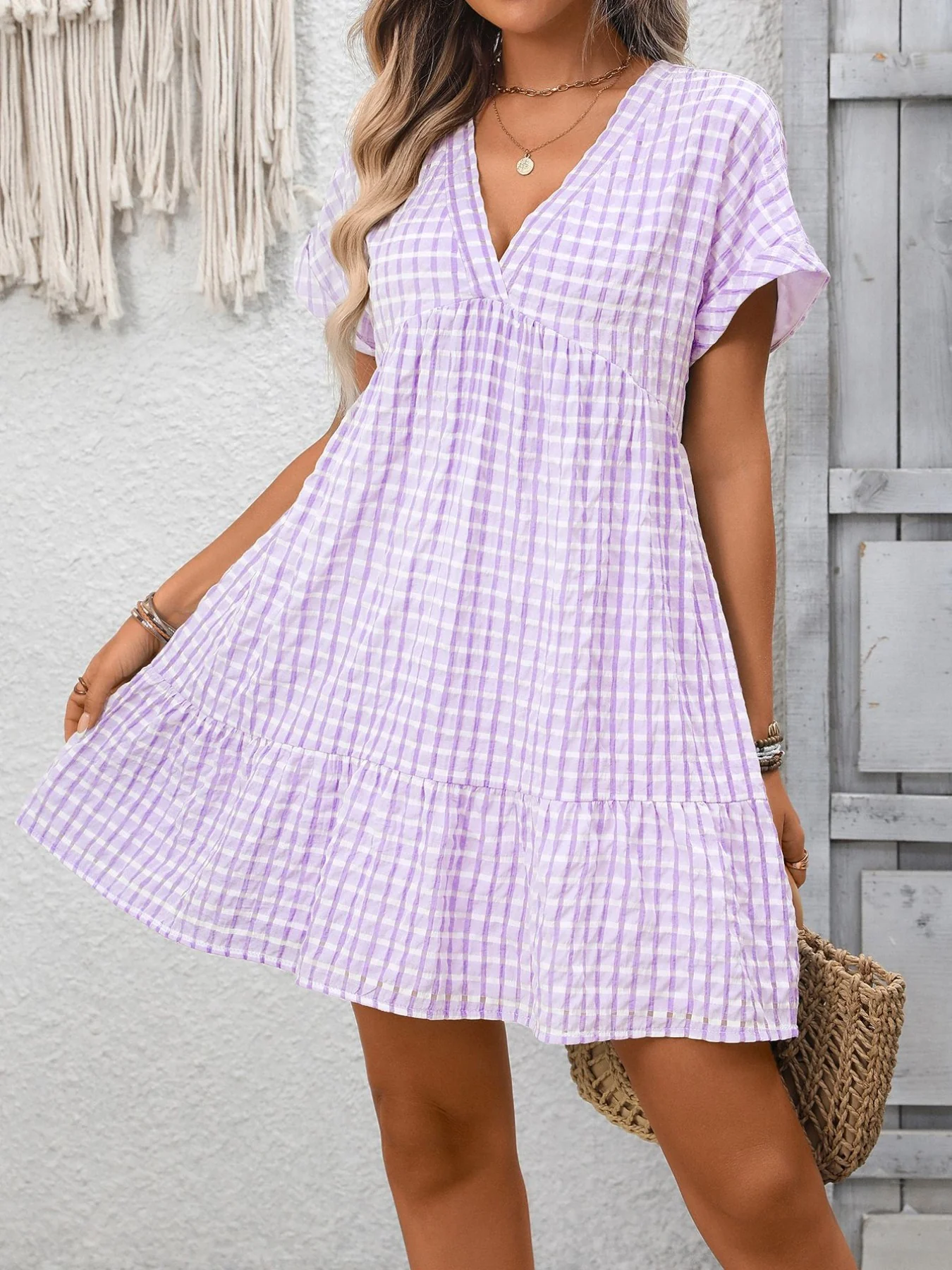 Plaid V-Neck Ruffle Hem Mini Dress - Image 14