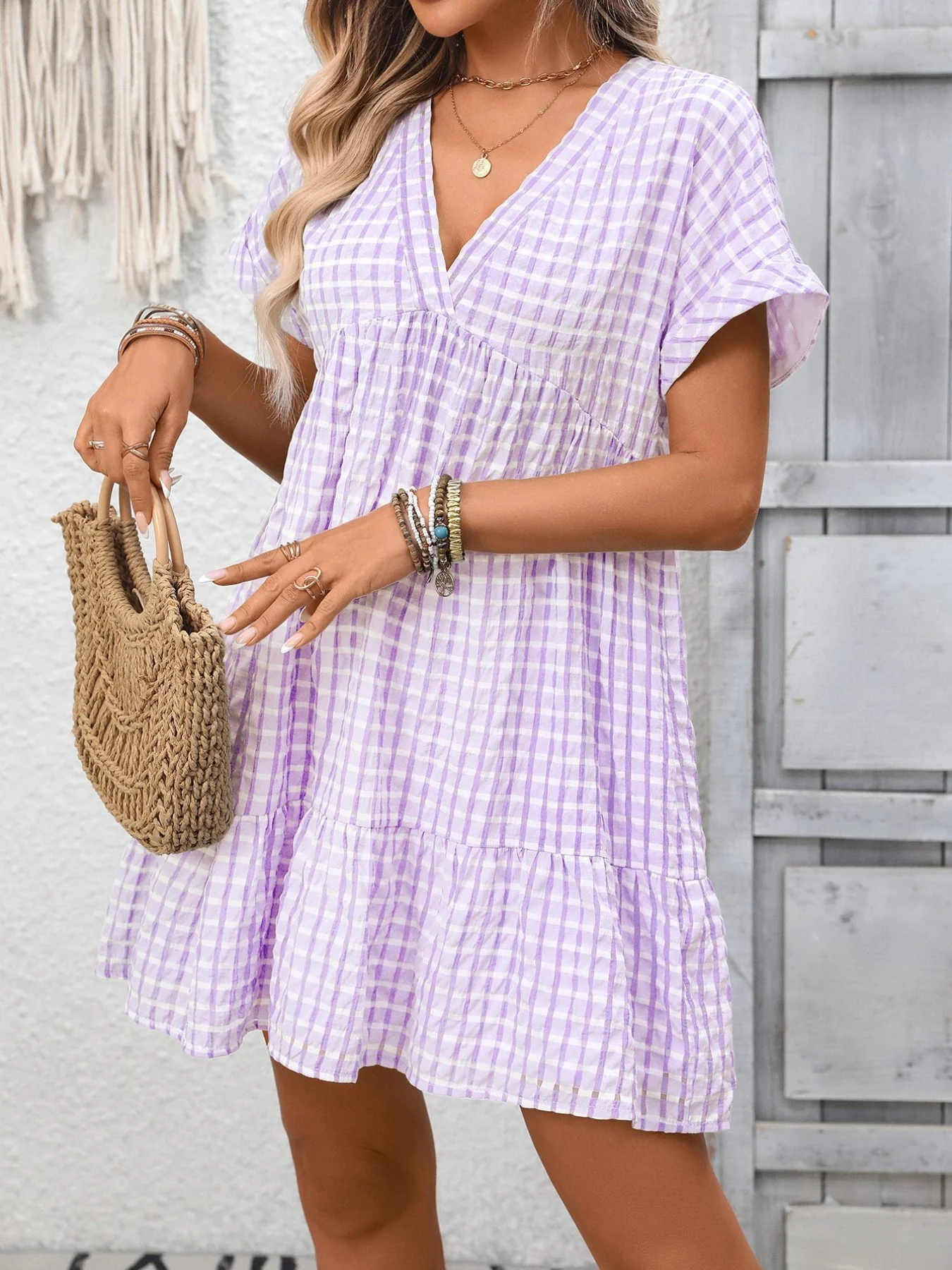 Plaid V-Neck Ruffle Hem Mini Dress - Image 15