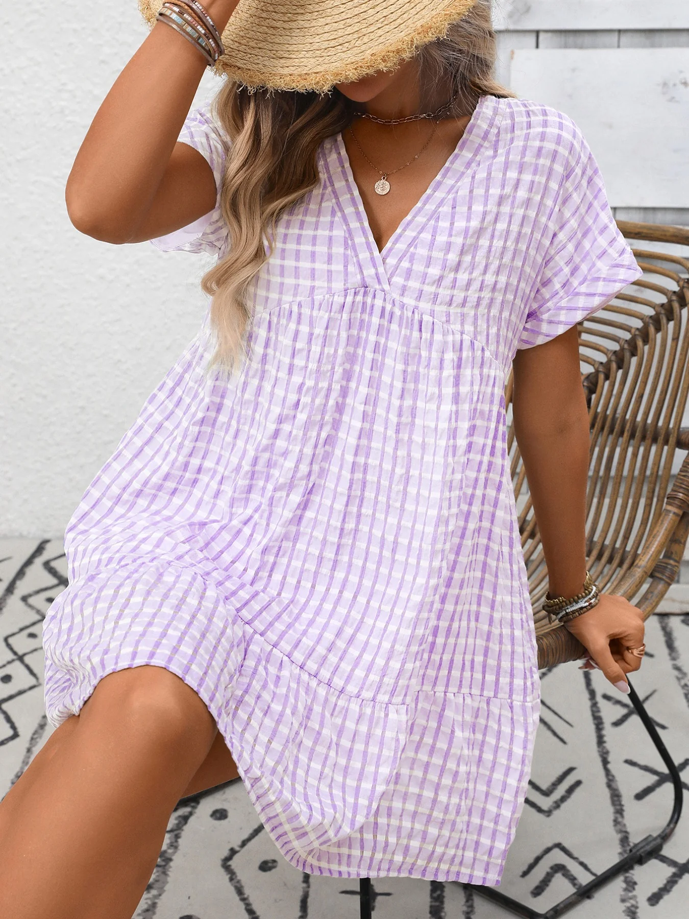 Plaid V-Neck Ruffle Hem Mini Dress - Image 16