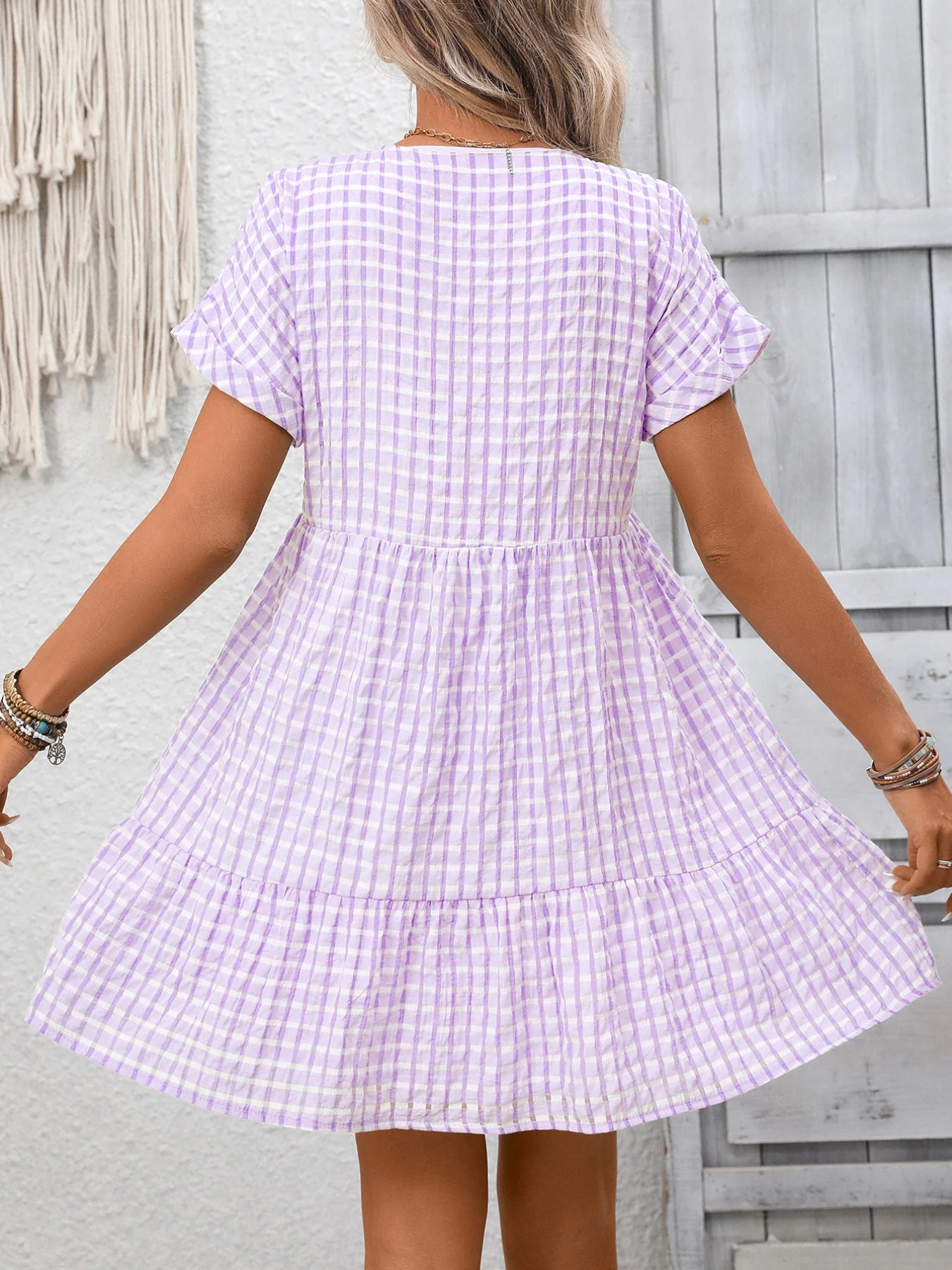 Plaid V-Neck Ruffle Hem Mini Dress - Image 17