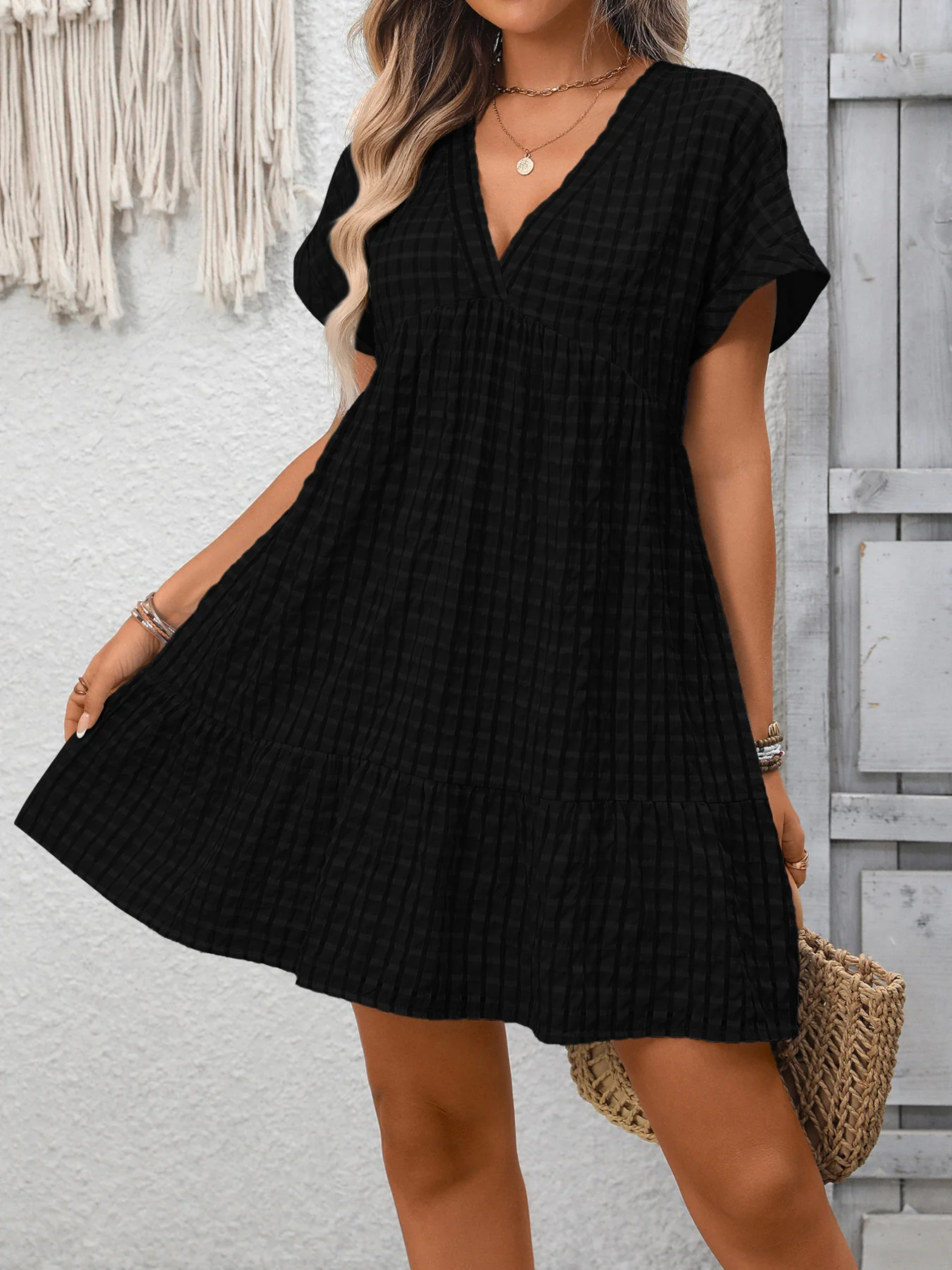 Plaid V-Neck Ruffle Hem Mini Dress - Image 19