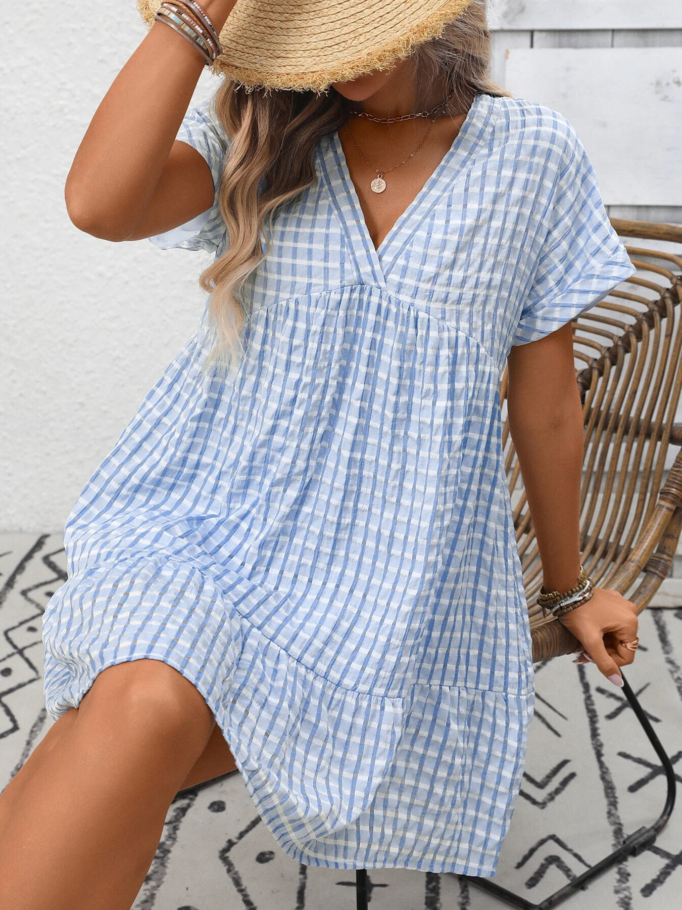 Plaid V-Neck Ruffle Hem Mini Dress - Image 3