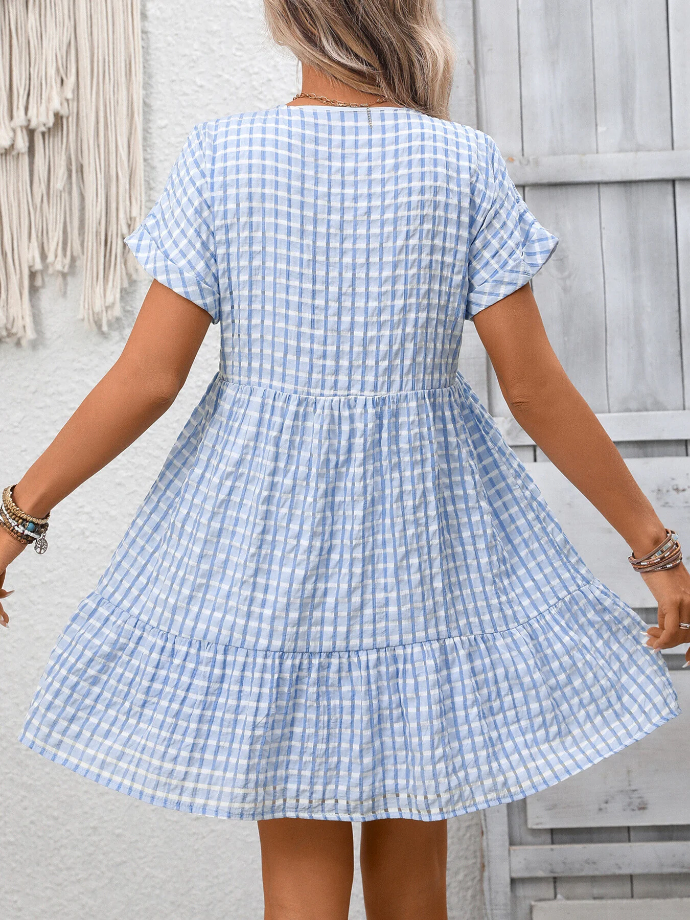 Plaid V-Neck Ruffle Hem Mini Dress - Image 6