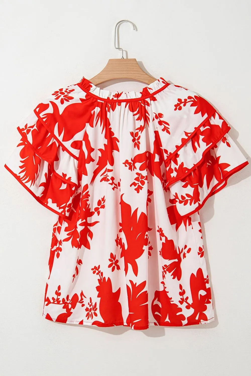 Plant Print Tiered Ruffled Sleeve Tie Neck Blouse - Image 8