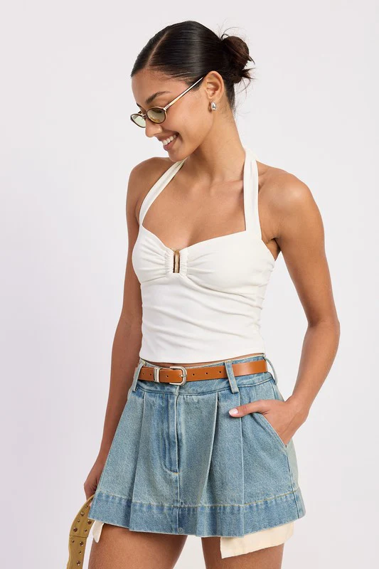 PLEATED DENIM MINI SKIRT WITH CONTRAST HEM DETAIL - Image 4