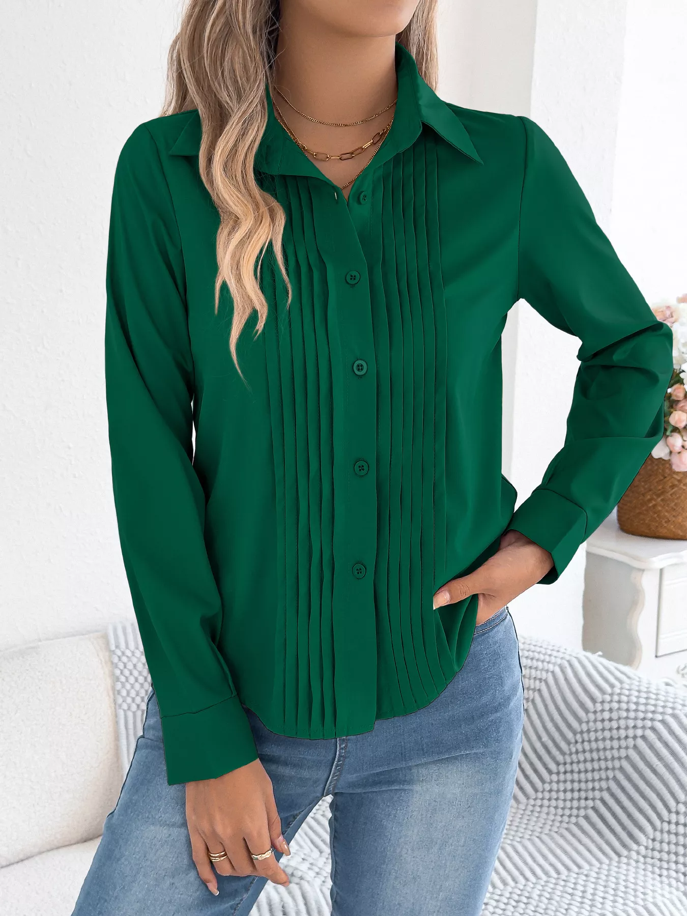 Pleated Front Long Sleeve Shirt - Image 13