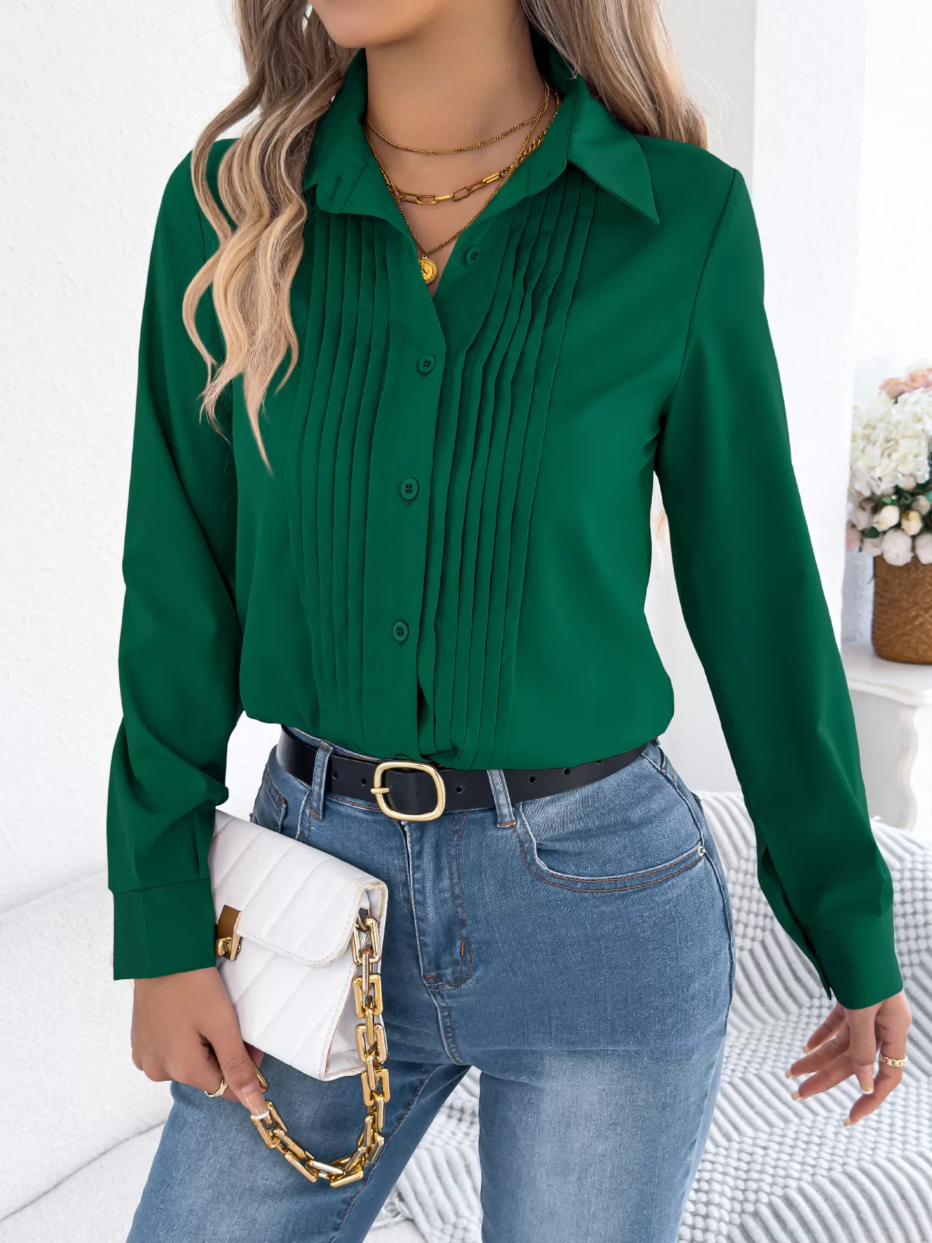 Pleated Front Long Sleeve Shirt - Image 14