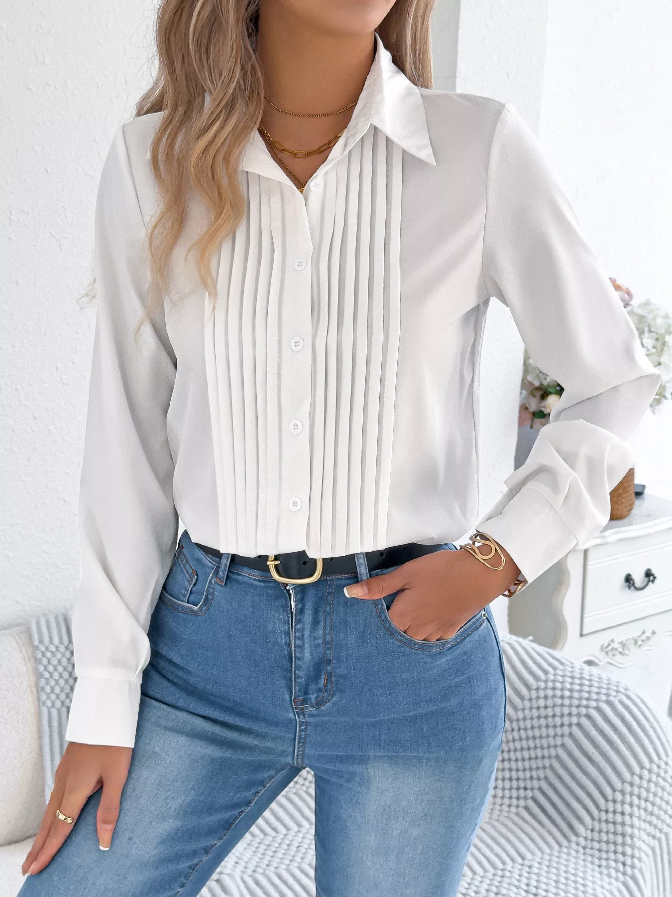 Pleated Front Long Sleeve Shirt - Image 7
