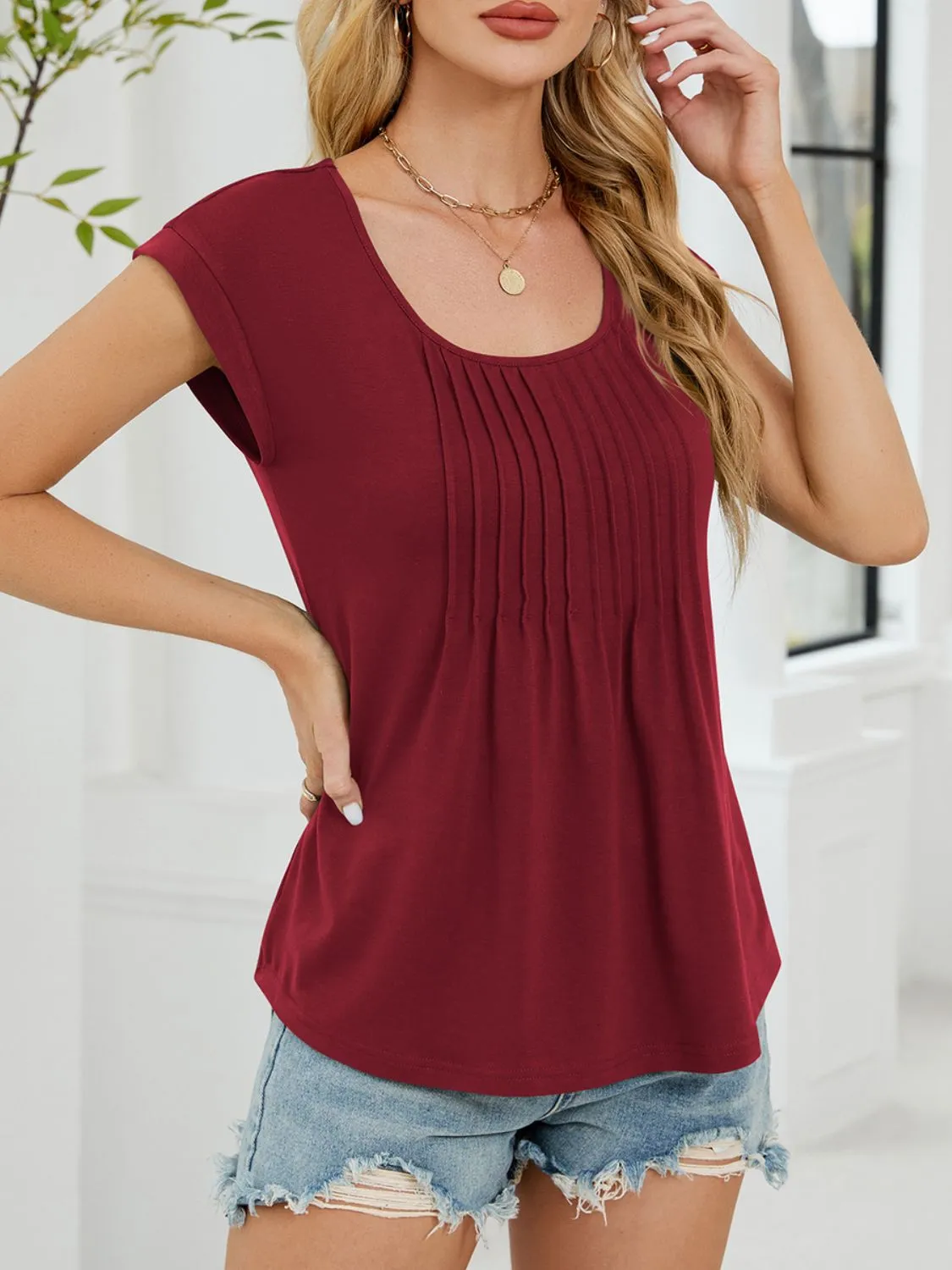 Pleated Front Scoop Neck T-Shirt - Image 9