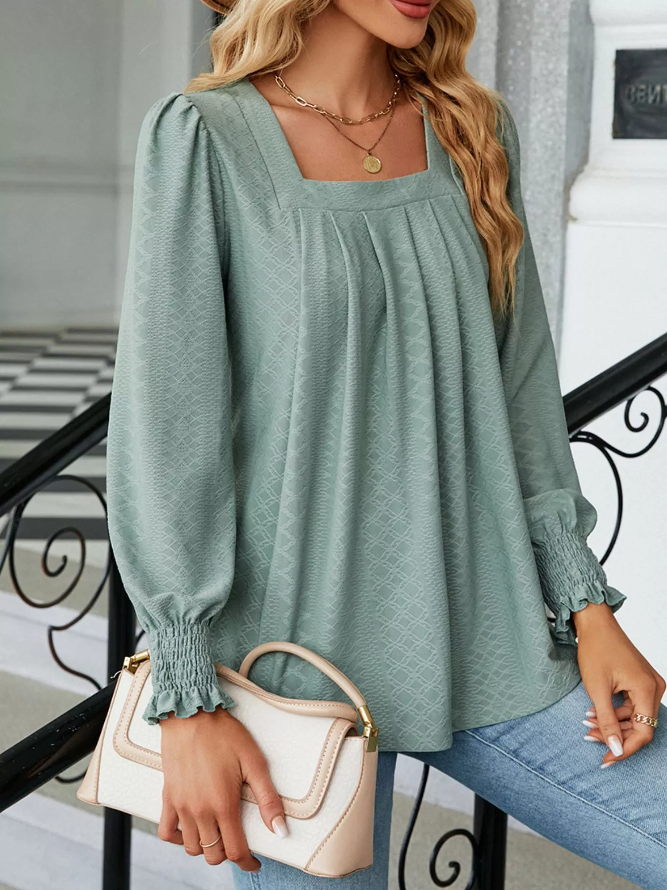 Pleated Square Neck Long Sleeve Top - Image 3