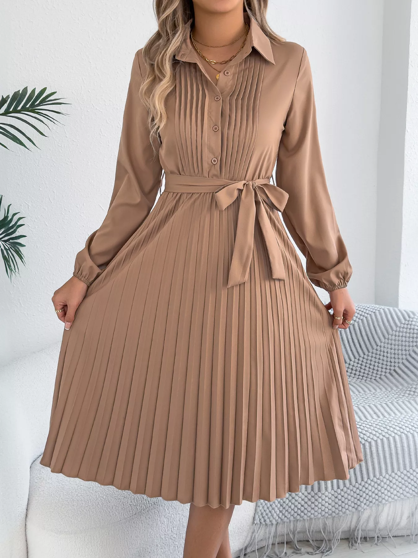 Pleated Tie Waist Balloon Sleeve Dress - Image 4