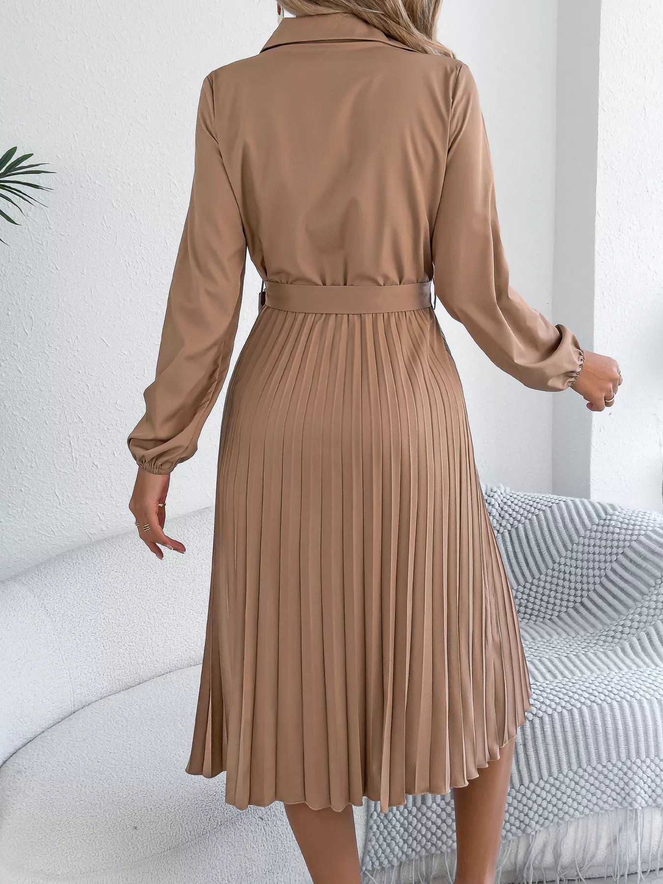Pleated Tie Waist Balloon Sleeve Dress - Image 5
