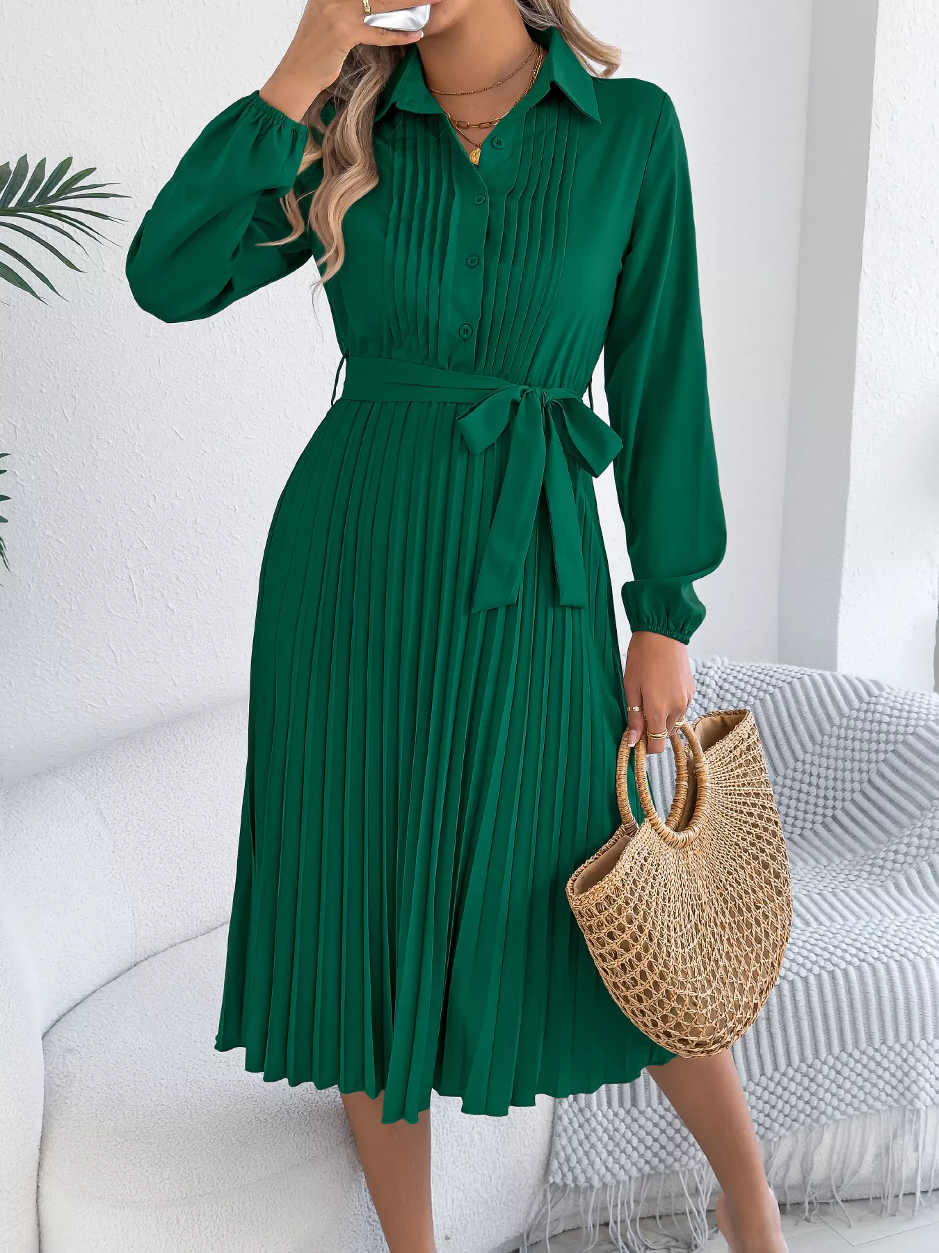 Pleated Tie Waist Balloon Sleeve Dress - Image 6