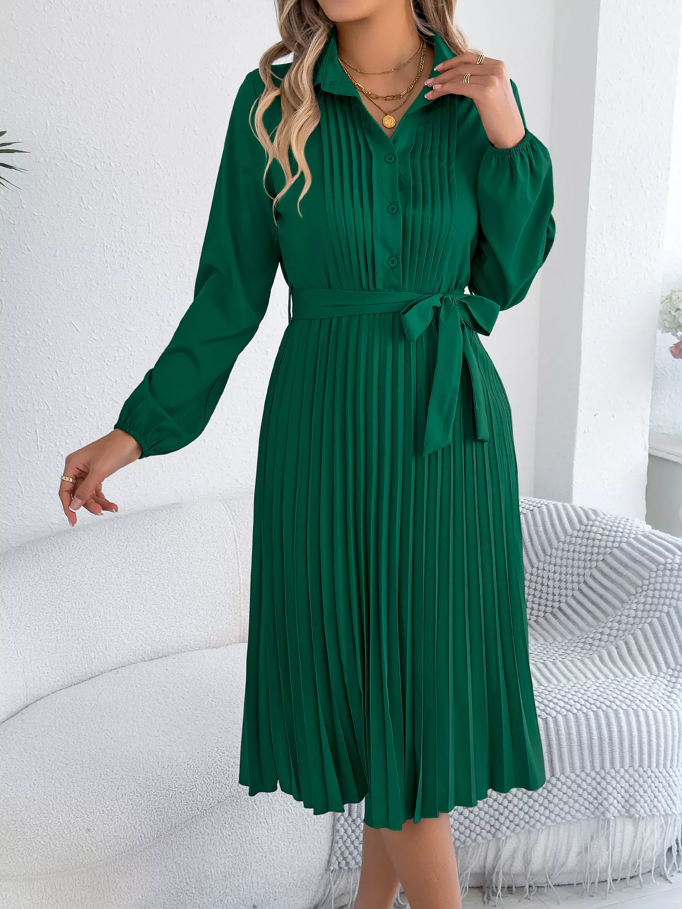 Pleated Tie Waist Balloon Sleeve Dress - Image 7