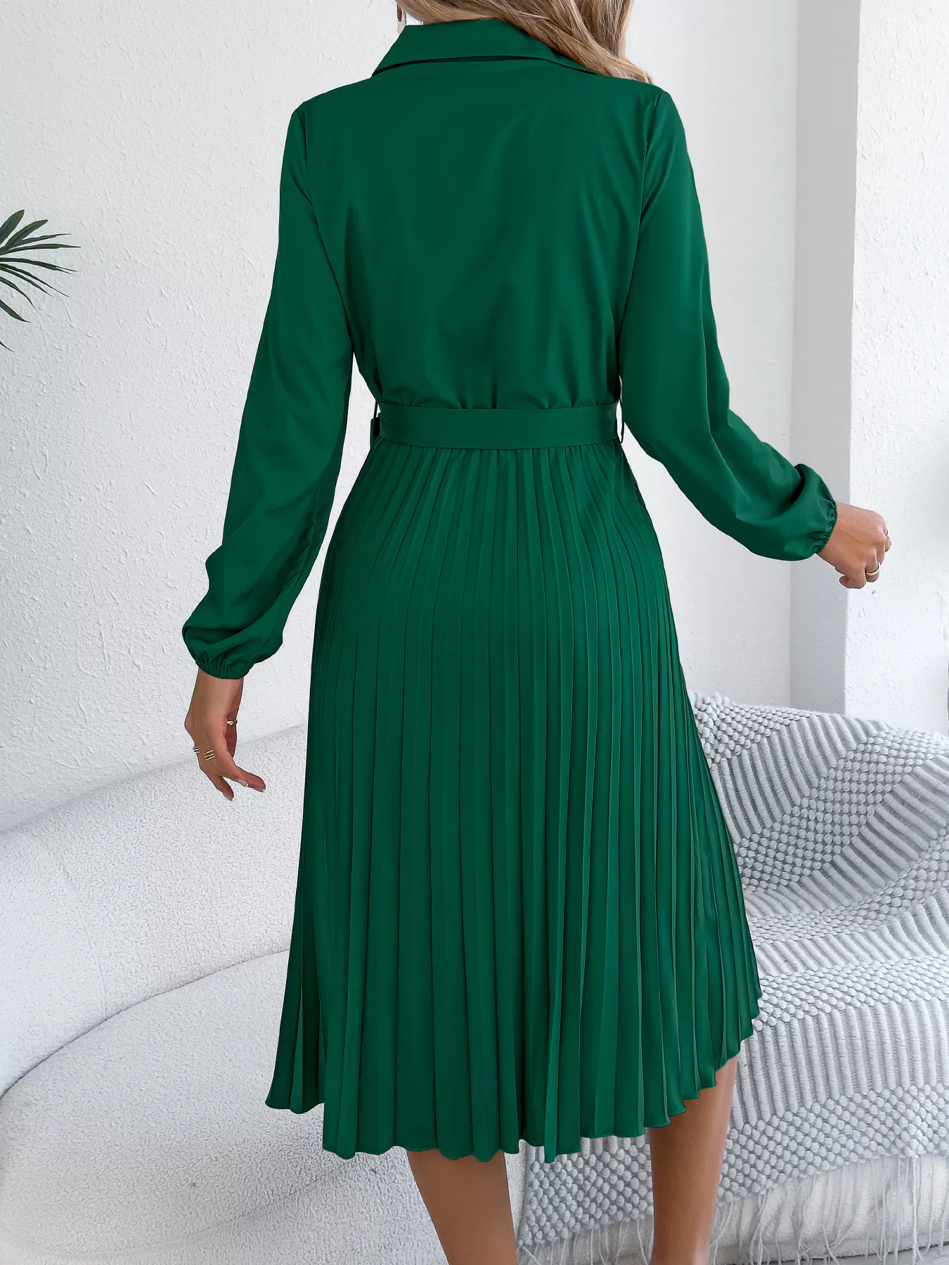 Pleated Tie Waist Balloon Sleeve Dress - Image 9
