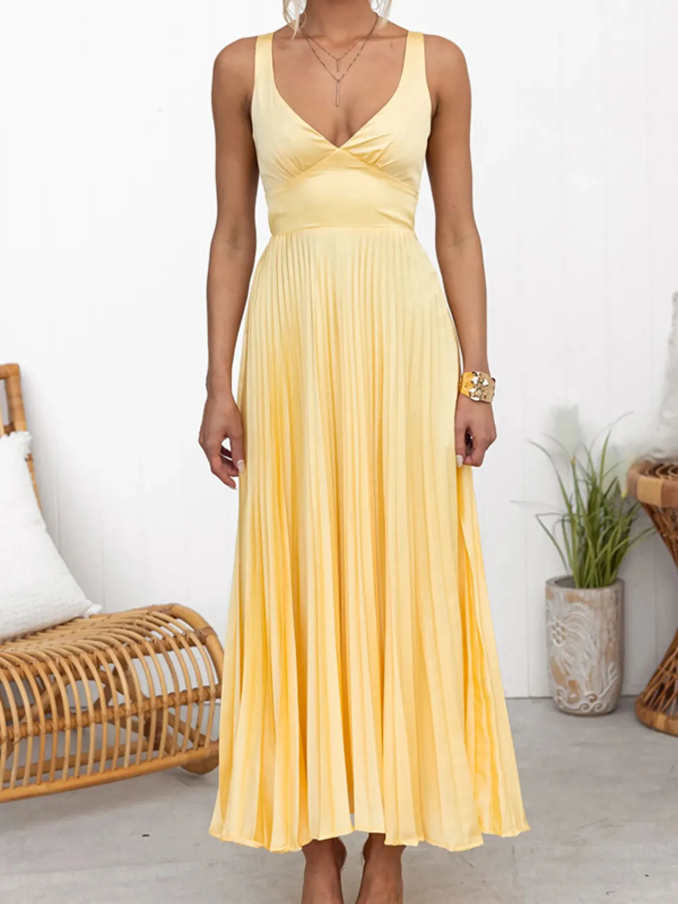 Pleated V-Neck Sleeveless Maxi Dress - Image 2